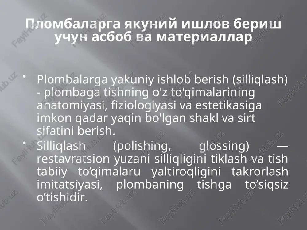 va bo'rttirma tish yuzalarida ishlatilishi mumkin. disklarning o'zlari bir yoki ikki tomondan abraziv, ko'pincha alyuminiy oksidi bilan qoplanishi mumkin. disk ushlagichi plastik yoki metall bo'lishi mumkin. ushbu vositalar faqat qarama-qarshi burchaklar bilan qo'llaniladi. jilo cho'tkalari jilo cho'tkalari sirtni yakuniy tekislash uchun tugatishning oxirgi bosqichlarida ishlatiladigan asboblardir. maxsus cho'tkalar cho'tkalarda yumshoq abraziv (kremniy karbid yoki alyuminiy oksidi) o'z ichiga oladi va tishlarni pastasiz silliqlash uchun ishlatilishi mumkin. ular standart cho'tkalardan tuklarni ushlab turadigan chashka ko'rinishi va rangi, shuningdek, yuqori narxda farqlanadi. jilo cho'tkalari ishlashni yo'qotmasdan 135 ° c da avtoklavlanishi mumkin. silliqlash qadahlari silliqlash qadahlari plombalarning silliqlash va superpolishing bosqichlarida ishlatiladigan asboblardir. ular lateks yoki latekssiz polimerdan tayyorlangan ichi bo'sh silindrdir. qadahlar juda moslashuvchan va turli tish sirtlariga osongina moslashadi. polimer stakanlar ikkita zichlikda mavjud: yumshoq (ochiq rang) va qattiq (quyuq rang). ular standart va yig'iladigan bo'lishi mumkin. polishing pastalari polishing pastalari - bu plombalarning silliqlash va superpolishing bosqichlarida stakan yoki …