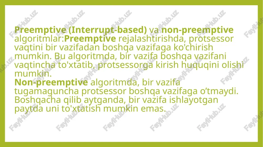 samarali ajratadi, ya'ni interaktiv dasturlar tezroq bajariladi, hisoblash ishlarini esa pastroq navlarda bajariladi. starvation muammosi kamayadi, chunki dasturlarni navlar o'rtasida ko'chirish mumkin. kamchiliklar: murakkab va tizimda ko'plab parametrlarni boshqarish zarur. navlar o'rtasidagi ko'chirishning samaradorligi va optimallashtirilishi zarur. multilevel queue scheduling (mqs): dasturlarni turli navlarga ajratadi va har bir nav uchun alohida algoritm ishlatadi. bu usul katta tizimlar uchun samarali, ammo starvation (ochlik) muammosi bo'lishi mumkin. multilevel feedback queue scheduling (mlfq): dasturlarni navlar o'rtasida ko'chiradi, bu interaktiv dasturlarni tezroq bajarishga imkon beradi. bu algoritm tizim samaradorligini oshiradi, lekin murakkabroq. earliest deadline first (edf): vazifalar tugash muddatiga qarab bajariladi. real-vaqt tizimlarida samarali, ammo ba'zida resurslar etishmasligi mumkin. rate monotonic scheduling (rms): vazifalar ularning takrorlanish tezligiga qarab prioritetlanadi. real-vaqt tizimlarida ishlaydi, lekin starvation muammosi bo'lishi mumkin. weighted fair queuing (wfq): tarmoqda ma'lumotlarni adolatli taqsimlash uchun ishlatiladi, lekin boshqarish murakkab. lottery scheduling: tasodifiy tanlov asosida resurslarni taqsimlaydi, oddiy va samarali, lekin tizimda noaniqlik bo'lishi …