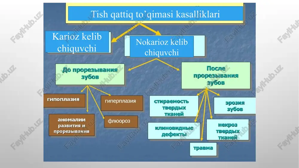 janubiy mamlakatlarda 0,5 mg / lva 1 mg/l — shimolda patogenezi flyuoroz patogenezi yaxshi tushunilmagan bo'lib qolmoqda. tishlarning shakllanishi tish kurtaklarini hosil bo’lishi va shakllantirish bilan boshlanadi. gistogenez bosqichida tish to'qimalari hosil bo'ladi. emal -bu kaltsiy bilan bog'laydigan oqsil ishlab chiqaradigan enameloblastlarning mahsuloti bo'lib, uning molekulalarining uch o'lchovli tarmog'ida kaltsiy ionlari joylashgan. kristallarning yo'naltirilgan o'sishi boshlanadi, apatitlarning normal 75% gidroksiapatit ca10(po4) (oh)2 ni tashkil qiladi. ftorapatit hosil bo'lishi ftor ioni va gidroksil ionining teng ion radiusi tufayli yuzaga keladi, bir xil zaryad va teng darajadagi hidratsiya. ftor matritsa oqsiliga yuqori yaqinlikka ega va primordial emalga qo'shilishi mumkin. ftoroz bilan emal ultrastrukturasining o'zgarishi quyidagicha sodir bo'ladi deb ishoniladitish rivojlanishi davrida organizmga ftoridlarning ortiqcha iste'mol qilinishi, ortiqcha ftorapatit hosil bo'lishi bilan enameloblastlarning disfunktsiyasi tufayli. klinika. barcha tishlarning yuzalarida aniq chegaralarsiz bir nechta dog'lar yoki chiziqlar barqaror. ular nosimmetrik tarzda, kesuv qirrasiga va okklyuzion yoki chaynov yuzaga yaqinroq joylashgan. dog'ning emali (shaffofligini yo'qotadi), …