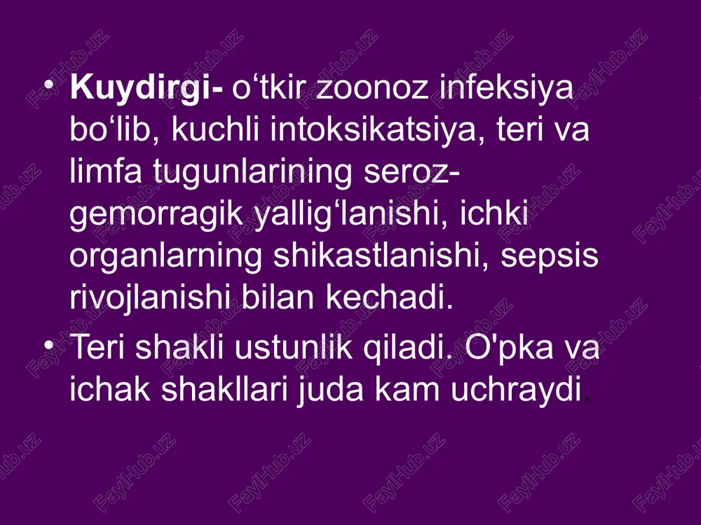 lar, alveolalarning shilliq qavatiga va regionar limfa tugunlarida kuchli yallig`lanish keltirib chiqaradi, keyin limfa va qon orqali butun organizmga tarqaladi. alimentar yo'l me`da ichakda kuchli yallig`lanish va kasallikning generalizasiyalashishiga olib keladi. klinik shakllari patogenning kirishiga bog'liq - teri, o'pka, ichak shakllari patogenezi teri shakli - kuydirgi karbunkuli klinikasi: rasmda karbunkulni o'rab turgan pufakchalar ko'rsatilgan. immuniteti. kuydirgi bilan og'riganidan so'ng, turg’un mikrobga qarshi va antitoksik immunitet hosil bo'ladi. laboratoriya tashhisi. tekshirish uchun material kasallikning klinik shakliga bog'liq: pufakchalar, karbunkullar, yaralar, qoraqatqaloqlar, qon, balg'am, najas, limfa tugunlarining punktati va boshqalar. tekshirish usullari: bakterioskopik bakteriologik serologik biologik pzr teri allergik sinama (antraksin bilan) kuydirgi mbd ixtisoslashtirilgan rejimli laboratoriyalarda olib boriladi immunofloressensiya usuli - ekspress usul bakterioskopik usul - surtmalar tayyorlanadi, gram bo'yicha bo'yaladi - kapsula bilan o'ralgan yirik gramm-musbat tayoqchalar ko'rinadi. bakteriologik usul sof kulturani ekish va ajratishda gpa yoki qonli agarda amalga oshiriladi. b.anthracisni sof kulturasini aniqlash quyidagi xususiyatlari o’rganiladi: morfologik kultural …