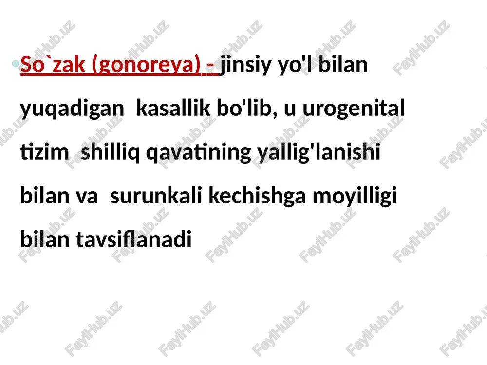 va leffler bo'yicha bo'yaladi. ijobiy natija bilan, asosan leykotsitlar ichida joylashgan loviya shaklidagi diplokokklar ko'rinadi. siydik chiqarish yo'lidan surtmalar. gram va leffler usulida bo'yalgan gonoreya tashxisining bakteriologik usuli tekshiruv materiali petri idishlaridagi elektiv oziq muhitiga ekiladi, 2-5 kun davomida 10% co2 atmosferasida 37° c da inkubatsiya qilinadi. o'sgan koloniyalar shudring tomchilariga (virulent shtammlarda) o'xshaydi. sof kulturaning morfologik, kultural va biokimyoviy xususiyatlari aniqlangandan so’ng, antibiotiklarga sezuvchanligi aniqlanadi. gonoreya tashxisining bakteriologik usuli davolash o'tkir gonoreyani davolashda antibiotiklar keng qo`llaniladi- penitsillin guruhi, tetratsiklinlar, xinolonlar. muammo gonokokklarda antibiotiklarga chidamlilikning rivojlanishi. trixopol - gonokokklarning protozoa organizmlarida ko'payish qobiliyati bilan bog'liq holda buyuriladi. antibiotiklarga chidamlilik bo'lganda, sulfanilamid preparatlari buyuriladi. shuni yodda tutish kerakki, 30% hollarda so`zak xlamidioz bilan bir vaqtning o'zida aniqlanishi mumkin. gonovaksina maxsus davolash maqsadida qo`llaniladi profilaktika: maxsus profilaktika o`tkazilmaydi. o'tkir gonoreyani oldini olish uchun betartib jinsiy hayotdan saqlanish, prezervativdan foydalanish surunkali gonoreyani oldini olish uchun o`tkir gonoreyani o`z vaqtida, to`liq davolash. gonoblenoreyani – …