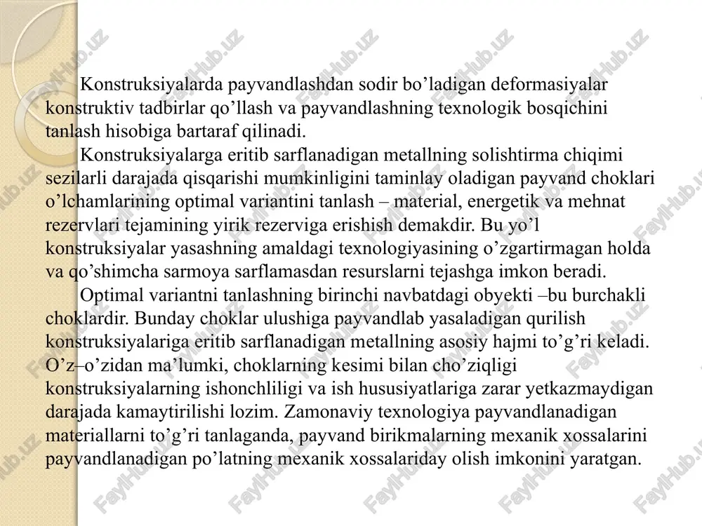 ontaj qilishda payvandlangan choklarga bo’linadi. tutashish choklarida payvandlanayotgan detallar bitta tekislikda, burchakli chokda esa payvandlanayotgan detallardan hosil bo’lgan burchakka payvand qilib yopishtiriladi. tutashish choklari to’sinlar, ustunlar, rezervuarlar va boshqa konstruksiyalarga ishlatiladi. bunday choklar bilan tutashayotgan elementlar bir–biri bilan oddiy birikadi. tutashtirilayotgan elementlarning qalinligi 8 mm bo’lsa, qirralariga ishlov berish kerak (1,a–rasm). tutashish chokining qalinligi biriktirilayotgan elementlarning qalinligiga teng qilib ishlanadi. boltli va parchin mixli birikmalar. boltlar po’lat konstruksiyalarning montaj birikmalariga ishlatiladi. boltlar aniqligi normal, aniqligi oshirilgan, shuningdek, yuqori darajada pishiq xillarga bo’linadi. aniqligi normal boltlar uchun teshiklar ezib (bosib) ochiladi yoki boltlarning diametriga qaraganda 2–3 mm ortiq, yuqori darajali pishiq boltlar uchun esa ularning diametriga teng qilib parmalab teshiladi. boltlarning diametri 10 dan 30 mm gacha bo’ladi[1]. parchinlab biriktirishdan hozirgi vaqtda juda kam, asosan, dinamik va ko’p qayta takrorlanadigan yuklar tasiriga duchor bo’ladigan konstruksiyalarda foydalaniladi. parchin mix bilan qizdirib (800°s va undan baland) yoki sovuqlayin biriktirsa bo’ladi. parchin mixning diametri …