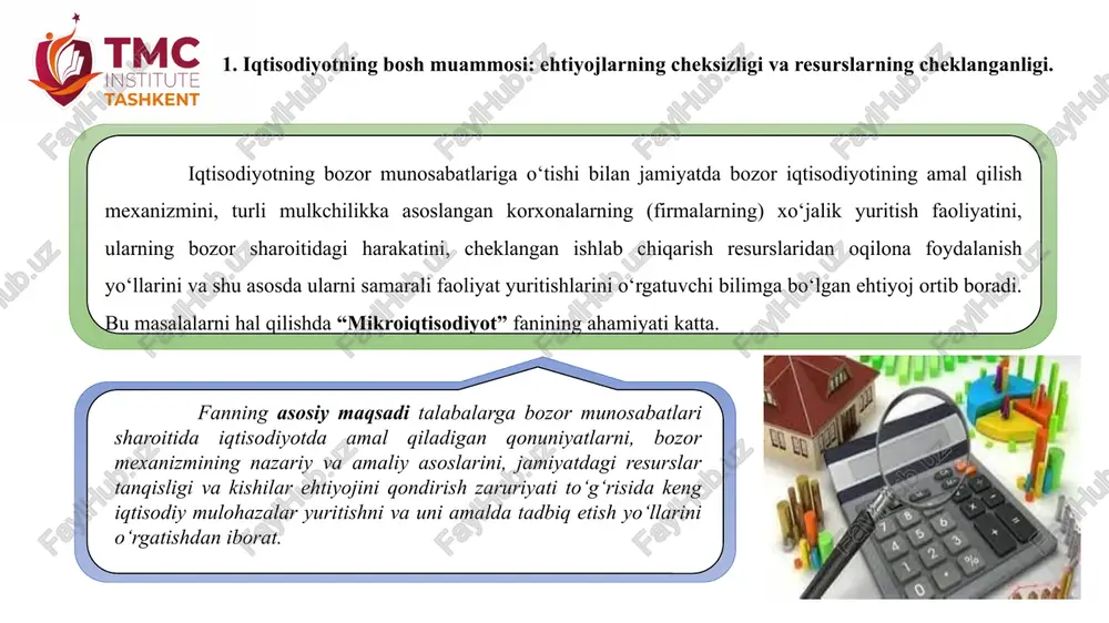 ini va aholi bandligini hamda iqtisodiy o`sishni ta`minlashning eng samarali vositasi deb baholanadi. shu tufayli bozor faoliyatiga davlatning har qanday aralashuvi uning samaradorligiga putur etkazadi degan fikrni ilgari suriladi. adam smitning fikricha bozorning har bir ishtirokchisi o`z shaxsiy manfaatlarini qondirish yo`lida tinmay harakat qilib, o`zi bilmagan holda jamiyat va davlat manfaatlariga xizmat qiladi. 3. resurslar va ne`matlarni taqsimlashning bozor mexanizmi: iqtisodiy doiraviy aylanish modeli. 1. xususiy mulkchilik. 2. tadbirkorlik va tanlov erkinligi. 3. shaxsiy manfaatlar - iqtisodiy hatti-harakatning bosh omili. 4. raqobatni rag`batlantirish va monopolistik faoliyatni cheklash. 5. narxlar bozorni tartibga soluvchi asosiy mexanizm. 6. iqtisodiyotga davlat aralashuvining minimal darajagacha cheklanganligi. bozor iqtisodiyoti quyidagi tamoyillar va institutlarga asoslanadi: e`tiboringiz uchun tashakkur! image1.png image2.jpeg image3.jpeg image4.png image5.png image6.png image7.png image8.png image9.png image10.png image11.jpeg image12.png image13.png image14.png image15.png image16.emf image17.emf image18.emf image19.png image20.png image21.png image22.png image23.png image24.png image25.png ishlab chiqarish variantlari 1 2 3 4 5 6 7 8 9 kokos 80 …