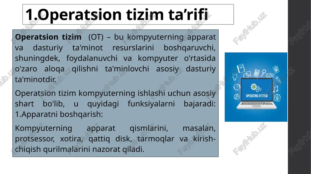 va xatoliklarni aniqlash: operatsion tizim ishonchli ishlashi uchun sinovlar doimiy ravishda o'tkazilishi kerak.xatoliklarni kuzatish va tuzatish uchun diagnostika vositalari joriy etilishi muhim. bu prinsiplar asosida operatsion tizimni qurish jarayoni tartibli va samarali amalga oshiriladi. bu prinsiplarga rioya qilish tizimning ishlash barqarorligi va foydalanuvchilarning talablarini qondirishga yordam beradi. image1.png image2.png image3.png image4.png image5.png /docprops/thumbnail.jpeg