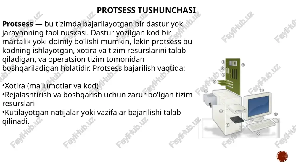hi mumkin. bu muammolarni bartaraf etish uchun protsesslar orasida sinxronizatsiya mexanizmlari kerak bo'ladi. protsesslararo bog'lanish va sinxronizatsiyaning ahamiyati protsesslararo bog'lanish va sinxronizatsiya tizimlarning samarali ishlashini ta'minlaydi. bu mexanizmlar: ma'lumotlar almashinishni boshqarish: protsesslar o'rtasida ma'lumotlar uzatilishini ta'minlash va tasodifiy ma'lumotlarni oldini olish. muammolarni hal qilish: race condition, deadlock, starvation kabi muammolarni oldini olish. resurslardan samarali foydalanish: protsesslar orasida resurslarni to'g'ri taqsimlash va ularni optimallashtirish. image4.png image3.png image5.png image6.jpeg image7.png image8.jpeg image9.jpeg image10.jpeg image2.png /docprops/thumbnail.jpeg