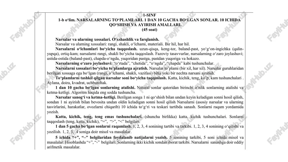 aliklar orasidagi bog‘lanishlarni formulalar yordamida ifodalash. kattaliklar orasidagi bog‘lanishlarga oid masalalar. shkalalar. shkala tushunchasini kiritish, shkala va sonlar o‘qi bilan ishlash. sonli ifodalarning qiymatini hisoblash. qo‘shish, ayirish, ko‘paytirish va bo‘lishni o‘z ichiga olgan 3 va 4 amalli (qavsli va qavssiz) sonli ifodalar. miqdorlarni (kattaliklarni) bir va ikki xonali songa ko‘paytirish va bo‘lish. miqdorlarni (kattaliklarni) bir va ikki xonali songa ko‘paytirish va bo‘lishga doir masalalar. harakatga doir masalalar. harakatga doir amaliy masalalar. vaqt, masofa , tezlikni topishga doir masalalar. nazorat ishi (1 soat). xatolar ustida ishlash (1 soat). 4-bo‘lim. kasrlar (30 soat) maxraji 2, 3, 4, 5, 6, 8, 10, 12 yoki 100 bo‘lgan kasrlarni hosil qilish. sonli nurda birlik kesma. maxraji 2, 3, 4, 5, 6, 8, 10, 12 yoki 100 bo‘lgan kasrlarni hosil qilish, kasrlarni modellarda ifodalash. sonli nur va sonli nurda birlik kesmani ifodalash. sonning kasrini (bo‘lagini) topish. sonni kasrdan topish. kasrlarni taqqoslash. berilgan sonning kasrini (bo‘lagini) topishga …