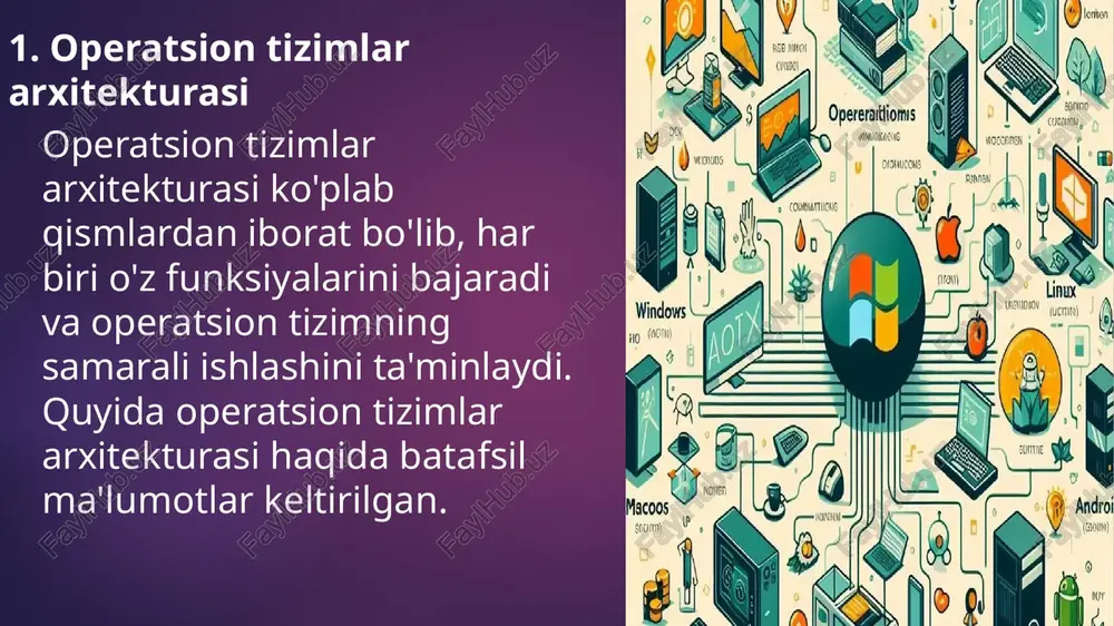 uchun turli jadval tuzish algoritmlaridan foydalanadi. fcfs (first-come, first-served): jarayonlar kirish tartibida bajariladi. sjn (shortest job next): eng qisqa vaqt talab etuvchi jarayon birinchi bajariladi. rr (round robin): har bir jarayonga teng vaqt ajratiladi. protsessor yadro rejimlari: operatsion tizim protsessorni yadro rejimida va foydalanuvchi rejimida boshqaradi. yadro rejimi: operatsion tizim kodining eng yuqori darajadagi huquqlari bor va apparat resurslariga bevosita kirish mumkin. foydalanuvchi rejimi: foydalanuvchi dasturlari va jarayonlari bajariladi, apparat resurslariga to'g'ridan-to'g'ri kirish huquqiga ega emas. 3. operatsion tizimlar asosiy vazifalari operatsion tizimlarning asosiy vazifalari operatsion tizimlar (ot) kompyuter tizimining ishlashini boshqarish va foydalanuvchi bilan apparat o'rtasida interfeysni ta'minlash uchun mo'ljallangan dasturiy ta'minotdir. operatsion tizimlarning asosiy vazifalari quyidagilardan iborat: protsessorni boshqarish jadval tuzish (scheduling): ot protsessor vaqtini jarayonlar o'rtasida taqsimlaydi. bu jarayonlarni adolatli va samarali boshqarish orqali amalga oshiriladi. multitasking: bir vaqtning o'zida bir nechta jarayonlarni boshqarish imkoniyatini beradi, bu kompyuterning samaradorligini oshiradi. xotira boshqaruvi fizik xotira boshqaruvi: ot fizik …