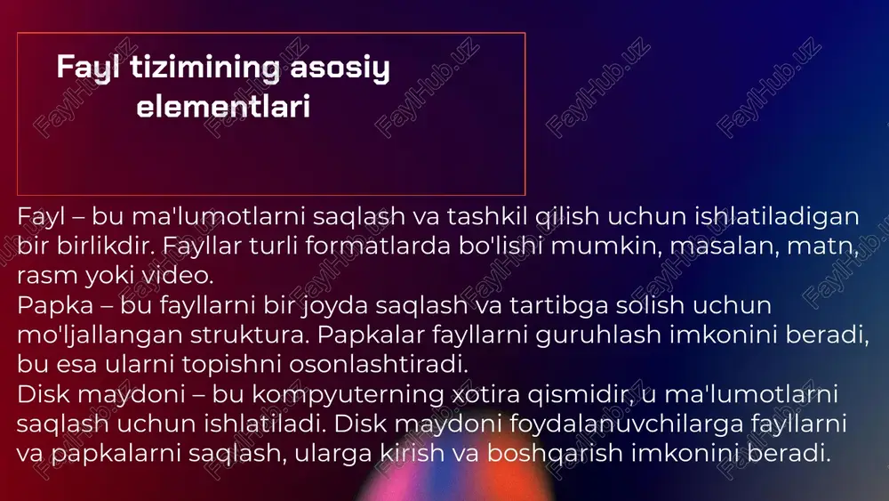 aqlash va boshqarish uchun foydalanadi. bundan tashqari, fayl tizimlari turli xil dasturlarda, masalan, ma'lumotlar bazalari va bulutli saqlash xizmatlarida muhim rol o'ynaydi. bulutli xizmatlar foydalanuvchilarga ma'lumotlarga istalgan joydan kirish imkonini berib, e'tiboringiz uchun rahmat! image2.png image3.png image4.png image5.png image6.png image1.jpg