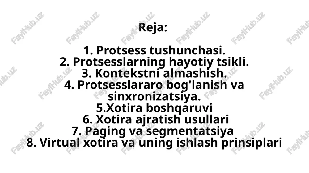 amarali tarzda ajratish va ular bilan ishlashni optimallashtirish. xotirani boshqarish uchun quyidagi asosiy strategiyalar ishlatiladi: statik xotira boshqaruvi: bu usulda xotira ajratilishi va boshqarilishi dastur ishga tushganda amalga oshiriladi. dasturga xotira ajratiladi, lekin dastur bajarilayotgan vaqtda bu xotira o'zgartirilmaydi. dinamik xotira boshqaruvi: bu usulda xotira dastur ishga tushganidan so'ng va ishlash davomida dinamik tarzda ajratiladi va ozod qilinadi. bu xotira boshqaruvi samaraliroq bo'lib, resurslarni samarali taqsimlashni ta'minlaydi. 2. xotira ajratish usullari xotira ajratishning bir nechta usullari mavjud. ular tizimning qanday ishlashiga qarab tanlanadi: birlashtirilgan ajratish (contiguous allocation): bu usulda xotira bloklarga bo'linib, dasturlarga ketma-ket ajratiladi. har bir dastur uchun alohida joy ajratiladi, lekin bu usulda xotira samaradorligi kamayishi mumkin, chunki dastur tugagandan so'ng, bo'sh joylar xotira bo'shliq qilib qolishi mumkin (fragmentatsiya). bo'linma ajratish (partitioning): bu usulda xotira oldindan belgilangan bo'limlarga bo'linadi. har bir bo'lim alohida dastur yoki protsess uchun ajratiladi. bo'limlar statik yoki dinamik bo'lishi mumkin. dynamic storage allocation: bu …
