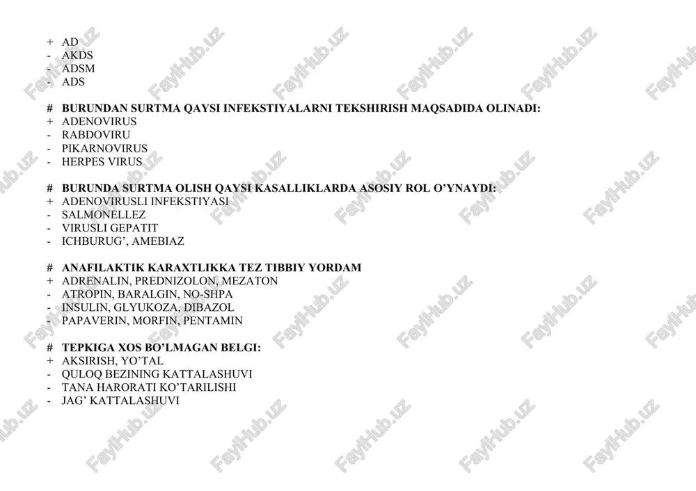 nofiliya - leykostitoz - leykopeniya - eritropeniya # skarlatinada nekrotik anginada bodomcha bezlar giperemiyasi, shishi: + aniq chegaralangan, shishgan bezlar - bezlar shishgan nisbatan giperemiya - bir oz giperemiya bezlar juda katta va qattiq - bezlar shishgan, giperemiya turli darajada # vgc virusi markeri: + anti hcv - anti hav - hbs ag - anti hdv # vgc tashxisi uchun ahamiyatli marker: + anti hcvigm - hcvag - anti hcv - hbc ag # vgd ning tashxisoti uchun muhim markyor: + anti hdv ig m - hbs ag, - hdv ag - anti hdv ig g # skarlatina davosi uchun keng qo’llaniladigan davo vositasi: + antibakterial - infuzion - kortikosteroidlar - analgetiklar # rotavirusli gastroenterit davo ko’rsatmasi jumlasiga kirmaydi: + antibiotik - enterosorbent - patogenetik terapiya - viferon # botulizmga qarshi xususiy davo vositasidan keyingi o’tkaziladigan tadbir: + antibiotiklar - xususiy zardob - qon va qon preparatlari - umumiy zaharlanishga …
