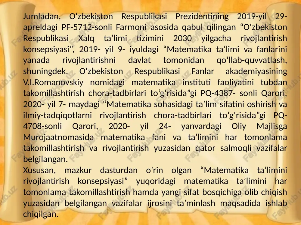 iiy fanlar bo‘yicha savodxonlik darajasini baholashga qaratilgan pisa - o‘quvchilar yutuqlarini baholash xalqaro dasturi tadqiqotlari natijalari e’tiborga molik. bundan tashqari, ta’limiy yutuqlarni baholash xalqaro uyushmasi (iea) tomonidan tashkil etilgan timss - matematika va tabiiy fanlar ta’lim sifatining xalqaro monitoringi dasturini ham keltirish mumkin. ushbu tadqiqot o‘quvchilarning turli davlatlarda matematika va tabiiy fanlardan bilim darajasi va sifatini solishtirishga hamda milliy ta’lim tizimidagi farqlarni aniqlashga ko‘maklashadi. tadqiqotlar natijalariga asoslangan holda matematika fanini o‘qitishga xalqaro baholash dasturlarining mazmuni, baholash me’zonlari va mexanizmlari mahalliy sharoitdan kelib chiqqan holda joriy etilishi maqsadga muvofiq bo‘ladi. steam (s – science - tabiiy fanlar t – technology - texnologiya, e – engineering - muhandislik, a – art - san’at, m – mathematics - matematika) ta’lim texnologiyasi aniq fanlar blok-modulida o‘quvchilarning egallagan bilim, ko‘nikma va malakalarini kundalik hayot bilan bog‘liqligini ko‘rsatishda dars va sinfdan tashqari mashg‘ulotlarda o‘quv tadqiqotlarini o‘tkazish, tajribalarni bajarish, loyihalashtirishga yo‘naltirilgan ijodkorligini tarbiyalash, yangiliklar yaratishga bo‘lgan qiziqishlarini …