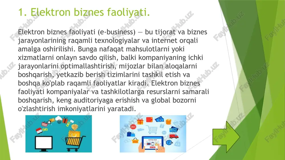 blokcheyn texnologiyalari: onlayn to'lovlar, shartnomalar va tranzaktsiyalarni xavfsiz va shaffof qilish uchun blokcheyn texnologiyalari keng tarqalmoqda. ijtimoiy tarmoqlar orqali savdo: instagram, facebook va boshqa ijtimoiy tarmoqlar orqali mahsulotlar yoki xizmatlarni sotishning yangi usullari rivojlanmoqda. mobil tijorat: mobil ilovalar orqali onlayn savdo va xizmatlardan foydalanish o'sib bormoqda, bu mobil tijoratning rivojlanishini anglatadi. 6. xulosa. elektron biznes faoliyati bugungi kunda global iqtisodiyotda muhim o'rin tutadi. onlayn savdo, to'lov tizimlari, marketing va ma'lumotlar tahlili orqali kompaniyalar samarali ishlashni davom ettiradi. kelajakda yangi texnologiyalar, sun'iy intellekt, blokcheyn va mobil tijorat kabi innovatsiyalar elektron biznesni yanada rivojlantiradi. bizneslar uchun raqamli transformatsiya va innovatsiyalarni qabul qilish muvaffaqiyatli ishlash uchun muhim omil bo'ladi. image1.png image2.png image3.png image4.png image5.png image6.png image7.png image8.png /docprops/thumbnail.jpeg