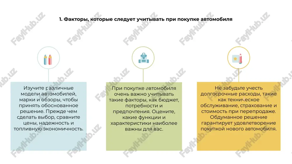 uchenie variantov straxovaniya avtomobilya 1 2 3 kogda delo doxodit do pokupki avtomobilya, krayne vajno izuchit varianti avtostraxovaniya. vajno sravnit razlichnie polisi, chtobi nayti luchshee pokritie, sootvetstvuyushee vashim potrebnostyam. uchitivayte takie faktori, kak ogranicheniya pokritiya, franshizi i dopolnitelnie lgoti, takie kak pomosh na doroge. prejde chem prinimat reshenie, ubedites, chto vi ponimaete usloviya kajdoy politiki. ne zabudte proverit nalichie skidok ili spetsialnix predlojeniy, kotorie mogut pomoch vam sekonomit na straxovanii avtomobilya. potratte vremya na issledovanie i sdelayte osoznanniy vibor. 8. prinyatie resheniya: arendovat ili kupit? 1 2 3 2 kogda delo doxodit do prinyatiya resheniya o tom, brat v arendu ili pokupat avtomobil, neobxodimo uchitivat neskolko faktorov. lizing predlagaet bolee nizkie ejemesyachnie plateji, no trebuet vozvrata avtomobilya v kontse. 1 pokupka avtomobilya oznachaet polnoe vladenie im i svobodu modifitsirovat ili prodavat ego. odnako obichno eto predpolagaet bolee visokie pervonachalnie zatrati i dolgosrochnie obyazatelstva. 3 v konechnom itoge vibor mejdu lizingom …