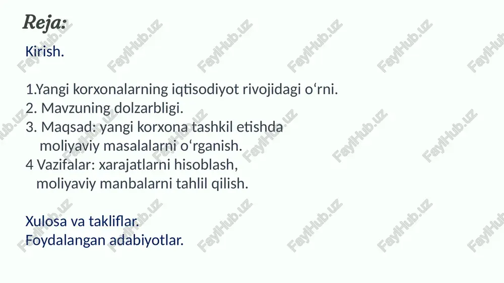 ya vazirligi yoki yagona davlat xizmatlari markazi orqali ro'yxatdan o'tish 04 moliyalashtirish shaxsiy mablag', kredit, grant yoki investitsiyalar hisobidan kapital shakllantirish 05 faoliyatni boshlash ishlab chiqarish yoki xizmat ko'rsatishni yo'lga qo'yish 8 moliyaviy rejaning asoslari moliyaviy reja tarkibi: boshlang'ich kapital aylanma mablag'lar daromad prognozi xarajatlar smetasi foyda va rentabellik moliyaviy reja – korxonaning kelajakdagi daromadlari va xarajatlarini prognoz qiluvchi asosiy hujjat moliyaviy reja – korxonaning kelajakdagi daromadlari va xarajatlarini prognoz qiluvchi asosiy hujjat. u quyidagi qismlardan iborat: 9 investitsiya manbalari shaxsiy mablag'lar eng xavfsiz, ammo ko'pincha cheklangan bank kreditlari tezkor, ammo foiz xarajatlari mavjud davlat qo'llab-quvvatlashi imtiyozli kreditlar va subsidiyalar xorijiy investitsiyalar texnologiya va katta loyihalarda qo'llaniladi grantlar xalqaro tashkilotlar yoki hukumat dasturlari orqali 10 davlat qo'llab-quvvatlashi soliq siyosati kichik biznes uchun imtiyozlar qqs bo'yicha chegirmalar ayrim sohalar uchun soliqdan ozod qilish kredit siyosati past foizli mikrokreditlar startaplar uchun maxsus liniyalar qishloq xo'jaligi uchun yengilliklar "agrobank" va "mikrokreditbank" kichik biznesni …