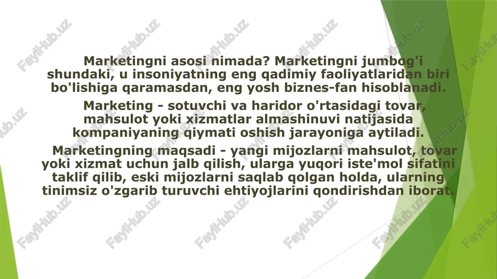 sanoat mahsulotiga bo’lgan ehtiyojni qondirish va ishlab chiqarish sohasidagi marketing. xizmatlar sohasidagi marketing. xizmat ko’rsatish doirasidagi ehtiyojlarni qondirish marketingi. to’g’ri marketing. vositachisiz marketing modadagi marketing moda industriyasi (fashion industry) - bu xizmat kơrsatish sohasining sektori bơlib, u xaridorlarda “moda” mahsuloti obrazini shakllantirish, mahsulotni ishlab chiqarish va iste'molchilarga yetkazib berish bilan shuğullanadi moda marketingi – bu mutlaq haqiqatlar va aksiomalar bilan kamdan – kam ishlaydigan murakkab fan. olkers shaxsiy tajriba ichida ishlash moda sanoati, real holatlarga, asaslanib, va faqat ko’p yillik amaliyot insondan moda markrtingi mutaxassisi bo’lishi mumkunligini davo qiladi. u o’z kitobida “ moda sikli” modeli qanday rivojlanishini, kelajakda moda iqtisodiyoti va texnologiyasi qanday o’zgarishini va moda sotuvchilari bu jarayonda qanday rol o’ynashini taxmin qilishga harakat qiladi. e’tiboringiz uchun rahmat! image1.png image2.png image3.png image4.png /docprops/thumbnail.jpeg