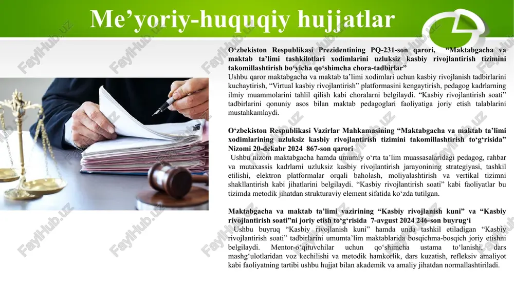 i kasbiy rivojlanish dasturlari o‘qituvchilar faoliyatini o‘zgartiribgina qolmay, balki o‘quvchilarning natijalariga ham ijobiy ta’sir ko‘rsatadi. bu kitob kasbiy rivojlantirish soatlari orqali refleksiya va o‘zgarishga asoslangan yondashuvlarni qo‘llashni taklif etadi. maqsad maktabda pedagoglarni kasbiy rivojlantirish soatini samarali tashkil etish / 1. yetakchi o’qituvchilarni kasbiy rivojlantirish kunida faol qatnashishini reja asosida ta’minlash. 2. maktabda kasbiy rivojlantirish soatlarini tashkil qilish bo’yicha shart-sharoitlar yaratish. 3. tajriba almashish va mentorlik tizimini yo‘lga qo‘yish. 4. maktabda kasbiy rivojlantirish soatlarini nazorat qilish. vazifalar . xorijiy tajribalarni o‘rganilganligi janubiy koreya maktablarida haftalik jadvalga maxsus “kasbiy rivojlanish soati” kiritiladi. bu vaqtda o‘qituvchilar bir sinfga yig‘ilib, darslarni videokuzatuv orqali tahlil qiladi, metodik muammolarni birgalikda muhokama qiladi va yangi usullarni sinovdan o‘tkazadi. direktor va metodik kengash bu mashg‘ulotlarni nazorat qilib, barcha o‘qituvchilar ishtirokini ta’minlaydi. yaponiyada har bir maktabda yil davomida bir necha bor “lesson study” sessiyalari tashkil etiladi. o‘qituvchilar navbatma-navbat ochiq dars o‘tadi, qolganlar kuzatib, keyin kasbiy rivojlanish soatida birgalikda muhokama …