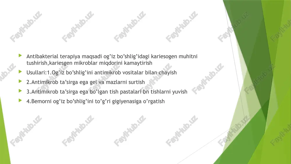 illiq pardaga tushsa uni kuydirish xususiyatiga egaligini esda tutish lozim ! shikatlangan soxada dentin yumshoq bo'lsa, kumushlash usuli qo'llanilmaydi (bunda karies jarohati bor yordamida shakllantiriladi). kumushlash yo'li bilan davolashda 20-30% li kumush nitrat tuzining suvdagi eritmasi ishlatiladi. bunda kumushni erkin qaytaruvchi moddalardan foydalaniladi (4% gidroxinon, askorbin kislota eritmasi). kumushlash 3 marta har 2-3 kunda bir marta o'tkaziladi va natijada kumushning qalin qora parda(plenka)si hosil bo'ladi. aqsh va boshqa chet el mamlakatlarida mdx davlatlaridan farqli ravishda kumushlashda kumush nitrat emas, kumush diamin ftoridi ishlatiladi.asosan kriesning erta shaklarini davolashda,shuningdek kattalarda ham shuningdek geriatriyada va imkoniyati chegaralangan bemorlarda ham qo’llash mumkin.kumush nitrat bilan kumushlanganligi kabi bunda tishlar juda yomon qorayib ketadi yuza kariesni davolash operativ aralashuvni ta’lab qilmaydi,bunday holatlarda yuzani ozgina tozalab rem.terapiya o’tkazishni o’zi kifoya.agar defekt aproksimal yuzada joylashgan bo’lsa, unda uni charxlab, plomlash kerak bo’ladi.o’rta karies chuqur kechganda uni chuqur kariesdan farqlash qiyin bo’ladi, yumshagan dentin shu darajada yumshoq bo’ladiki, uni …