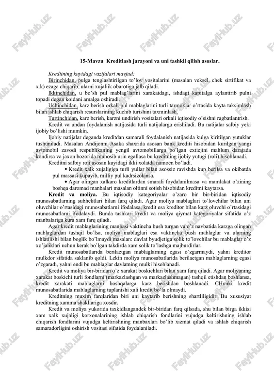 ga oshiradigan jismoniy shaxslar xam bo’lishi mumkin. istehmol krediti ikki shaklda: pul shaklida yoki tovar shaklida berilishi mumkin. jismoniy shaxslarga ko’chmas mulkka egalik qilish uchun, davolanish uchun xar xil tovarlar va uy jizozlari sotib olish va boshqa extiyojlarni qondirish uchun istehmol kreditlari berilishi mumkin. pul shaklida istehmol krediti banklar tomonidan, tovar shaklida esa tovarlar chakana savdosi jarayonida to’lov muddatini cho’zish orqali amalga oshiriladi. o’zbekistonda xozirgi kunlarda uy joy sotib olish, uy joy qurish uchun pul shaklidagi, o’zoq muddatli istehmol krediti va tovar shaklida avtomobilg’ xamda maishiy texnika kreditga berilmoqda. davlat krediti. davlat krediti o’ziga xos kredit munosabatlarining yig’indisidan iborat bo’lib, bo’lda qarz oluvchi sifatida davlat va uning organlari maydonga chiqadi. kreditor sifatida esa jismoniy va huquqiy shaxslar maydonga chiqadi. davlat krediti sharoitida kamdan-kam xollarda qarz beruvchilar banklar bo’ladi.davlat qarzni turli shaklda, eng avval davlat zayomlari shaklida oladi. zayom davlatning qarzdorlik guvoxnomasi bo’lib, u qarzni vaqti kelganda qaytarib olish va foiz …
