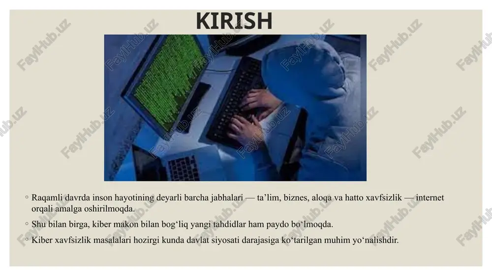 tarmoqlarda doimiy ravishda zo'ravonlik yoki haqoratli xabarlar yuborish, shaxsiy ma'lumotlarni oshkor qilish yoki odamni ijtimoiy muhitdan chetlatish kabi amallarni amalga oshiradilar. kiberzo‘ravonlik ko'pincha yoshlar o'rtasida keng tarqalgan bo'lib, uning oqibatlari ruhiy salomatlikka jiddiy ta'sir ko'rsatishi mumkin. xulosa kiber makon bugungi kunda nafaqat imkoniyat, balki xavf manbaiga ham aylangan. kiber terrorizm va kiber zo‘ravonlik jamiyat xavfsizligiga tahdid soluvchi jiddiy muammolardir. shuning uchun har bir fuqaro axborot madaniyatiga ega bo‘lishi, shaxsiy ma’lumotlarini himoya qilishni o‘rganishi zarur. davlat, ta’lim tizimi va jamiyat birgalikda kiber xavfsiz muhitni shakllantirishi kerak. kiberzo‘ravonlikning oldini olish uchun ta'lim, onlayn xavfsizlik va ijtimoiy tarmoqlarda etika asoslarini tushuntirish muhimdir. shuningdek, kiberzo‘ravonlikka qarshi huquqiy choralar ko'rish, huquqiy va ijtimoiy platformalar orqali zarar ko'rganlarni qo'llab-quvvatlash zarur. foydalanilgan adabiyotlar: o‘zbekiston respublikasi prezidentining “raqamli o‘zbekiston – 2030” strategiyasini tasdiqlash to‘g‘risidagi pq–6079-sonli qarori. — toshkent, 2020-yil. o‘zbekiston respublikasi jinoyat kodeksi. – toshkent: adolat nashriyoti, 2023. (kiber jinoyatlar va axborot xavfsizligi bilan bog‘liq moddalari). o‘zbekiston respublikasi …