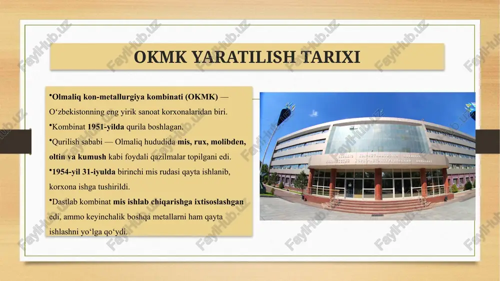 ilning birinchi choragida sof foyda o‘tgan yilga nisbatan 34,3% ko‘p bo‘lgan. • birinchi yarim yillikda daromad ≈ 21,6 trln so‘m, yalpi foyda ≈ 13,1 trln so‘m, sof foyda ≈ 4,5 trln so‘m, bu o‘tgan yilga nisbatan mos ravishda +34%, +33,9%, +24,5% o‘sishga teng. aksiyadorlari va mulkchilik tarkibi qoida tafsilotlar davlat ulushi okmk — aksiyadorlik jamiyati statusida; davlat ulushi katta. masalan, “tiklanish va taraqqiyot” jamg‘armasi okmk aksiyalarining taxminan 24,7% ulushini egallagan. emissiya va aksiyalar taqsimoti 175 472 021 dona aksiya — bu okmk jami aksiyalarining ~24,7% — tiklanish va taraqqiyot jamg‘armasiga berilgan. aksiyalar ~12,195 trillion so‘mga baholangan. aksiyadorlik kapitali va ulo’qlar aksiya chiqarish loyihalari, xususan “yoshlik-1” kabi loyihalar uchun aksiyalar ajratilishi, davlat qarzlari evaziga ulush olinish kabi operatsiyalar mavjud. daromadi, eksport va iqtisodiy ko‘rsatkichlari ko‘rsatkich miqdori / izohlar eksport hajmi (2024 yil) ~ $610,9 mln atrofida; bu ko‘rsatkich 2023 yilga nisbatan pasaygan (2023 yilda ~$661,9 mln). (kapital.uz) eksport geografiyasi kombinat mahsulotlari …