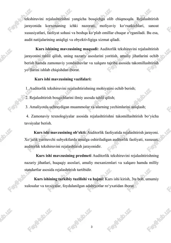 standartlar asosida rejalashtirish tartibidir. kurs ishining tarkibiy tuzilishi va hajmi: kurs ishi kirish, 3ta bob, umumiy xulosalar va tavsiyalar, foydalanilgan adabiyotlar ro‘yxatidan iborat. i bob. auditorlik tekshiruvini rejalashtirishning nazariy asoslari 1.1. auditorlik tekshiruvini rejalashtirish tushunchasi va uning mohiyati auditorlik tekshiruvini rejalashtirish bu auditor tomonidan audit faoliyatining maqsadga muvofiq, samarali va tizimli amalga oshirilishini ta’minlash uchun oldindan bajariladigan tashkiliy va strategik choralar yig‘indisidir. rejalashtirish bu nafaqat auditorlik jarayonining boshlanishi, balki butun tekshiruv davomida yo‘nalish beruvchi muhim bosqichdir. rejalashtirish orqali bir neshta bosqichlarga erishiladi. bular audit ishlarining aniq va to‘g‘ri tashkil etilishi, audit resurslarining oqilona taqsimlanishi, xatarli sohalarning oldindan aniqlanishi, audit ishlarining sifatli va ishonchli yakunlanishi. xalqaro auditorlik standartlariga ko‘ra, rejalashtirish bosqichi audit strategiyasi va audit dasturini ishlab chiqishni o‘z ichiga oladi. aynan shu bosqichda auditor korxona to‘g‘risida umumiy ma’lumotlarni yig‘adi, ichki nazorat tizimini baholaydi, muhim xatoliklar xavfini aniqlaydi va resurslarni taqsimlaydi. rejalashtirish bosqichi orqali auditor mijoz tashkilotining tuzilmasi, moliyaviy faoliyati, huquqiy …