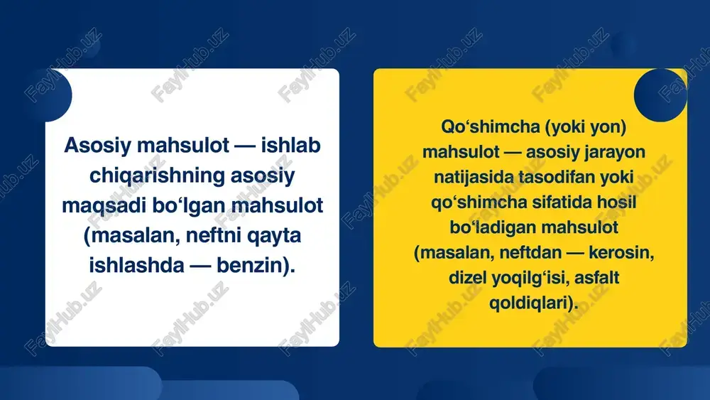 mati farq qilganda qo‘llanadi. formula: xi=pi×vi∑(pi×vi)×xumumiyx_i = \frac{p_i \times v_i}{\sum (p_i \times v_i)} \times x_{umumiy}xi​=∑(pi​×vi​)pi​×vi​​×xumumiy​ c) texnologik me’yor (normativ) usuli xarajatlar texnologik jarayon me’yorlariga (xom ashyo sarfi, energiya sarfi, vaqt me’yori va boshqalar) ko‘ra taqsimlanadi. asosan ishlab chiqarish jarayonlari qat’iy texnologik normalar bilan belgilanganda ishlatiladi. xarajatlarni taqsimlash usullari sof sotish qiymati usuli sof sotish qiymati usuli — bu har bir mahsulot uchun bozor bahosidan uni sotishgacha bo‘lgan qo‘shimcha xarajatlarni (qadoqlash, tashish, qayta ishlash, soliqlar) ayirib tashlab, sof qiymatini aniqlash orqali kompleks xarajatlarni taqsimlash usulidir. bosqichlar: har bir mahsulotning bozor bahosi aniqlanadi. sotishgacha bo‘lgan qo‘shimcha xarajatlar (tashish, saqlash, marketing) chegirib tashlanadi. olingan sof qiymat asosida umumiy xarajatlar taqsimlanadi. formula: xi=si∑si×xumumiyx_i = \frac{s_i}{\sum s_i} \times x_{umumiy}xi​=∑si​si​​×xumumiy​bu yerda: sis_isi​ — i-mahsulotning sof sotish qiymati (bozor narxi – qo‘shimcha xarajatlar), xumumiyx_{umumiy}xumumiy​ — umumiy ishlab chiqarish xarajatlari. 🟢 afzalligi: haqiqiy iqtisodiy natijani aks ettiradi. 🔴 kamchiligi: bozor bahosi o‘zgaruvchan bo‘lgani uchun aniqlikni yo‘qotishi mumkin. a) …