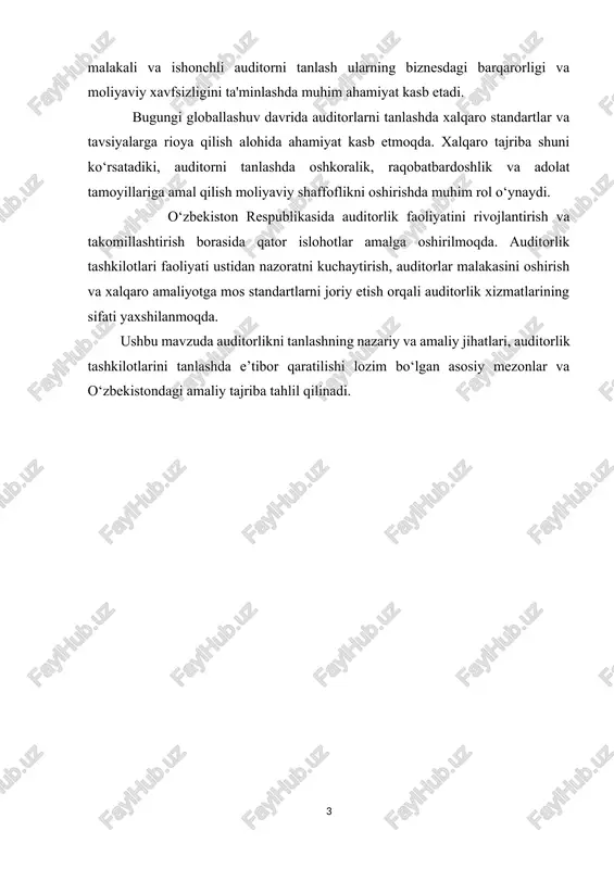 berishi kerak. · malaka va tajriba — auditor yuqori professional darajaga ega bo‘lishi, tegishli bilim va ko‘nikmalarga ega bo‘lishi zarur. · obro‘ va ishonchlilik — auditorlik tashkilotining yoki mustaqil auditorning oldingi faoliyati va bozordagi nufuzi tanlovda katta ahamiyat kasb etadi. · xizmat ko‘rsatish sifati — auditorlik xizmatlari tezkor, sifatli va mijoz talablariga javob beruvchi darajada bo‘lishi lozim. · narx va xizmat narxi siyosati — auditorlik xizmatlari narxi maqbul va iqtisodiy jihatdan asoslangan bo‘lishi kerak. nazariy jihatdan auditorlikni tanlashda mijoz kompaniya auditor bilan o‘zaro manfaatdorlik asosida hamkorlik qilish imkoniyatini baholaydi. tanlov jarayonida auditorlik tashkilotining litsenziyasi, xalqaro va milliy sertifikatlari, ichki nazorat tizimi va auditorlarning uzluksiz kasbiy rivojlanish dasturlari mavjudligi ham inobatga olinadi. xalqaro amaliyotda auditor tanlash “tender” asosida amalga oshirilishi keng tarqalgan. tender jarayonida bir nechta auditorlik tashkilotlari o‘z xizmatlarini taklif qiladi va mijoz ulardan eng maqbulini tanlab oladi. bu usul oshkoralik va raqobatbardoshlikni ta’minlaydi. shuningdek, nazariy asoslarda “mijoz-auditor” munosabatlarining uzoq …