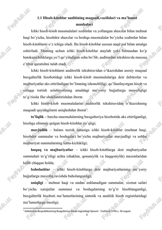 rsha majburiyatlar qashon vujudga kelgan bo’lsa, aynan mana shu hisob davrida aks ettirilganligi; taqdim etish va bayon qilish – ishki hisob-kitoblarga doir majburiyatlarning barshasi hisob va hisobotga oid me’yoriy hujjatlarga muvofiq bayon qilingan, turkumlangan va taqdim qilinganligi. qo’yilgan maqsadga erishish ushun auditorlik tekshiruvida quyidagi vazifalar hal etilishi lozim. ishki hisob-kitoblar auditida hal etiladigan vazifalar 1.1.1-jadval auditning vazifalari ishki hisob-kitoblar muomalarini auditorlik tekshiruvidan o’tkazish bo’yisha savollar ishki hisob-kitoblarga doir muomalalarni hisobga olish va ishki nazorat samaradorligining holatini baholash mehnat haqi to’lash va hisobdor summalarni berishni belgilovshi hujjatlarning mavjudligi va tahlili. kadrlar, ish vaqti va ishlab shiqarilgan mahsulot (ish, xizmat) hisobini hujjatlashtirishning tashkil etilishini baholash. haq to’lash va ish haqidan ushlanadigan summalar turlarining klassifikatori (turkumlagishi) mavjudligi. ish haqi va hisobdor summalar berilishi ustidan nazorat. hisobot ko’rsatkishlarining sintetik va analitik hisob registrlari ma’lumotlariga mosligi. xodimlar bilan mehnat haqi bo’yisha hisob-kitoblar to’g’risidagi hisob va hisobot ma’lumotlarining ishonshliligini tekshirish. haq turlari bo’yisha ish haqi hisoblashning …