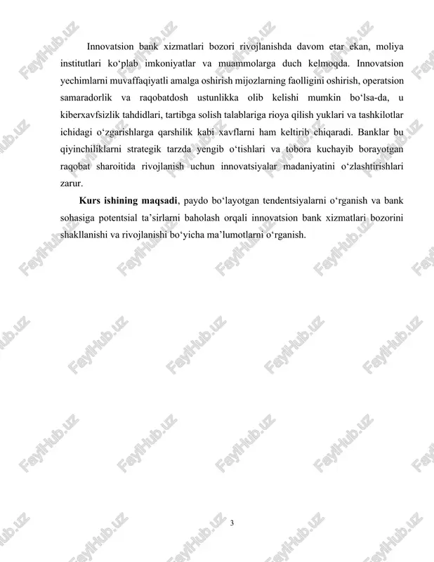 a’sirlarni baholash orqali innovatsion bank xizmatlari bozorini shakllanishi va rivojlanishi bo‘yicha ma’lumotlarni o‘rganish. 1.an’anaviy bank xizmatlarining innovatsion bank xizmatlariga evolyutsiyasi an’anaviy bank xizmatlarining innovatsion bank xizmatlariga evolyutsiyasi texnologiya taraqqiyoti, o‘zgaruvchan mijozlar kutishlari, tartibga soluvchi talablar va raqobat bosimi bilan bog‘liq transformativ sayohat bo‘ldi. an’anaviy bank xizmatlari odatda g‘isht va ohak filiallari, qog‘ozga asoslangan operatsiyalar, qo‘lda jarayonlar va cheklangan foydalanish imkoniyatini o‘z ichiga oladi. biroq, raqamli texnologiyalarning paydo bo‘lishi va fintech startaplarining o‘sishi bilan an’anaviy banklar tez o‘zgaruvchan landshaftda dolzarb bo‘lib qolish uchun moslashishga va innovatsiyalarga majbur bo‘ldi[footnoteref:1]. [1: jahon iqtisodiy forumi - "moliyaviy xizmatlarning kelajagi: moliyaviy xizmatlarning tuzilishi, taqdim etilishi va iste'mol qilinishini qanday qilib buzuvchi innovatsiyalar qayta shakllantirmoqda" ] texnologiya yutuqlari: texnologiyaning jadal rivojlanishi, jumladan, smartfonlarning ko‘payishi, yuqori tezlikdagi internet, bulutli hisoblash, sun’iy intellekt va blokcheynning mavjudligi banklarning mijozlarga xizmat ko‘rsatish usullarini inqilob qildi. mobil bank ilovalari, onlayn hisoblarni boshqarish platformalari va raqamli toʻlov yechimlari mijozlarga istalgan vaqtda va …