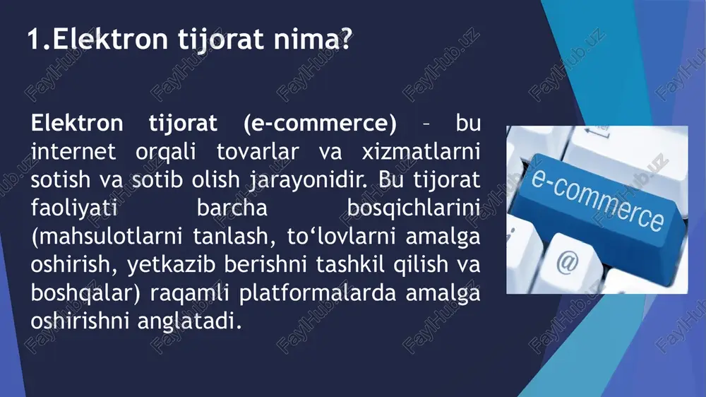 nventarizatsiyani samarali boshqarish tizimini o'rnating. 6. marketing strategiyasini ishlab chiqish raqamli marketing: seo, smm, email marketing, va pullik reklama kampaniyalarini boshlang. kontent marketing: mijozlar uchun foydali va qiziqarli kontentni ishlab chiqing. promoaktsiyalar va chegirmalar: boshlang‘ich mijozlarni jalb qilish uchun maxsus takliflar tayyorlang. 7. monitoring va takomillashtirish foydalanuvchi tajribasi: mijozlar fikrlarini yig‘ib, saytni takomillashtirish. savdo ko‘rsatkichlarini kuzatish: sotuvlar va marketing kampaniyalarining samaradorligini baholash. texnik qo'llab-quvvatlash: texnik muammolarni hal qilish va xizmat sifatini doimiy ravishda oshirish. image1.png image2.png image3.png image4.png image5.png image6.png /docprops/thumbnail.jpeg