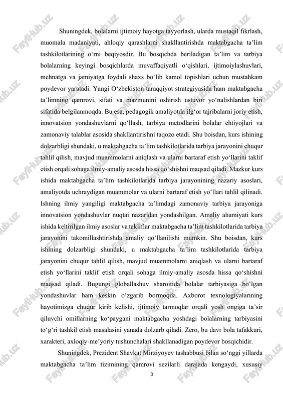 ilmiy-amaliy asosda hissa qo‘shishni maqsad qiladi. bugungi globallashuv sharoitida bolalar tarbiyasiga bo‘lgan yondashuvlar ham keskin o‘zgarib bormoqda. axborot texnologiyalarining hayotimizga chuqur kirib kelishi, ijtimoiy tarmoqlar orqali yosh ongiga taʼsir qiluvchi omillarning ko‘paygani maktabgacha yoshdagi bolalarning tarbiyasini to‘g‘ri tashkil etish masalasini yanada dolzarb qiladi. zero, bu davr bola tafakkuri, xarakteri, axloqiy-meʼyoriy tushunchalari shakllanadigan poydevor bosqichidir. shuningdek, prezident shavkat mirziyoyev tashabbusi bilan so‘nggi yillarda maktabgacha taʼlim tizimining qamrovi sezilarli darajada kengaydi, xususiy bog‘chalar soni ko‘paydi, taʼlim sifatini oshirish bo‘yicha izchil islohotlar amalga oshirilmoqda. ammo bu jarayonda tarbiya masalasiga doimo birinchi galdagi eʼtibor qaratilishi talab etiladi, chunki taʼlimdan oldin tarbiya – bu millatning maʼnaviy kelajagini belgilovchi omildir. yosh avlodni maʼnaviy-axloqiy jihatdan sog‘lom, yuksak madaniyatli, vatanparvar va ijtimoiy faol etib tarbiyalash bugungi kunning eng dolzarb vazifalaridandir. shu jihatdan, maktabgacha taʼlim tashkilotlarida bolalarning tarbiyasi birgina pedagog emas, balki jamiyatning barcha aʼzolariga – ota-onalar, mahalla, pedagog, psixolog va boshqa mutaxassislarning hamkorligiga bog‘liq jarayondir. tarbiya jarayonining ilmiy …