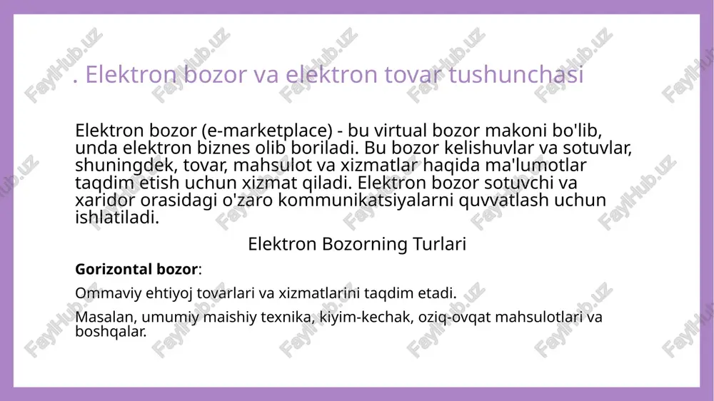 ni boshqarish va boshqa moliyaviy operatsiyalarni bajarishlari mumkin. elektron tijorat platformalari elektron tijorat platformalari - bu onlayn savdo va xizmatlar ko'rsatish uchun mo'ljallangan tizimlar. ular sotuvchilar va xaridorlar o'rtasida o'zaro aloqalarni o'rnatish, tovar va xizmatlarni taqdim etish, to'lovlarni amalga oshirish va boshqa tijorat faoliyatlarini boshqarish imkonini beradi. image1.png image2.png /docprops/thumbnail.jpeg