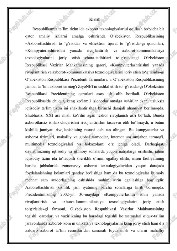 uchun ham har bir mutaxassis o‘z kasbiy sohalarida zamonaviy axborot texnologiyalaridan foydalanishi muhim ahamiyat kasb etadi. ushbu o‘quv qo‘llanma 2 qismdan iborat takomillashtirilgan dastur asosida yaratilgan bo‘lib, uning m azm unida an’anaviy mavzular bilan bir qatorda yangi mavzular ham o’z aksini topgan. hozirgi kunda sanoq sistemasi informatika fanida juda muhim rol o'ynaydi. buyuk bobokalonimiz al-xorazmiy o’zining “hisob al-hind” asarida natural sonlarning o’nli sanoq sistemasida yozilishi va ular ustida qo’shish, ayirish, ko’paytirish, bo’lish amallarini bajarish qoidalarini batafsil bayon etgan. bu asar xii asr boshlarida lotin tiliga tarjima qilingan va undan yevropa universitetlarida uzoq yillar davomida asosiy darslik sifatida foydalanilgan. shu tariqa yevropada o’nli sanoq sistemasi kirib kelgan. yevropada al-xorazmiy nomi “algorizmi”, “algoritmi”, “algoritmus” tarzida qo’llanilgan. xususan, hozirda tilimizga chuqur singib ketgan “algoritm” so’zi ham al-xorazmiy nomidan olingan. algoritm atamasining ma’nosi – biror ishni bajarishning ma’lum bir ketma-ketligi yoki qoidasini anglatadi. sanoq sistemalari haqida tushuncha. sanoq sistemasi(ingliz tilida- numeral system yoki system …