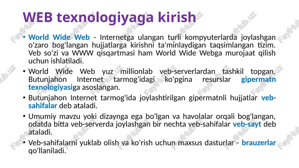 ni beradi. mijoz-server arxitekturasida tizim ikkita asosiy komponentdan iborat: mijoz: mijoz - bu serverdan ma'lum xizmatlar yoki resurslarni so'raydigan oxirgi foydalanuvchi yoki dastur. mijoz tomoni odatda foydalanuvchi interfeysi va foydalanuvchi o'zaro ta'sirini ta'minlash uchun javobgardir. mijoz serverga so'rovlar yuboradi va olingan ma'lumotlarni qayta ishlaydi. server: server - bu mijozlarga ma'lum xizmatlar yoki resurslarni taqdim etadigan maxsus mashina yoki dasturiy ta'minot. server tomoni mijozlar so'rovlarini qayta ishlaydi, kerakli operatsiyalarni bajaradi va natijalarni mijozlarga yuboradi. serverlar jismoniy mashinalar yoki veb-serverlar, ma'lumotlar bazalari, fayl serverlari va boshqalar kabi turli xil xizmatlarni taqdim etadigan virtual mashinalar bo'lishi mumkin. mijoz-server texnologiyasi mijoz-server arxitekturasining ishlash printsipi odatda quyidagi bosqichlarni o'z ichiga oladi: 1. so'rovni boshlash: mijoz serverga so'rov yuborish orqali so'rovni boshlaydi.muayyan dasturga qarab so'rovda parametrlar, identifikatorlar va boshqalar kabi turli ma'lumotlar bo'lishi mumkin. 2. serverda ishlov berish: server so'rovni qabul qiladi, uni qayta ishlaydi va kerakli operatsiyalarni bajaradi.bu operatsiyalar ma'lumotlar bazasiga kirish, hisob-kitoblar, ma'lumotlarni qayta …