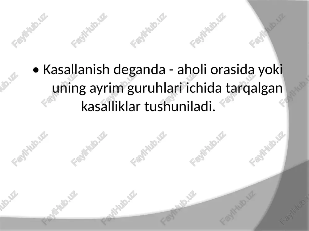 aniqlangan kasalliklar ko'rsatkichi • tibbiy ko'rikda aniqlangan kasalliklar soni x1000 • tibbiy ko'rikdan o'tkazilgan shaxslarning umumiy soni mehnat qobiliyatini vaqtincha yo'qotishga olib boradigan kasalliklar to'g'risida uchta asosiy ko'rsatkichga qarab fikr yuritiladi: • ishchilarning 100-tasiga to'g'ri keladigan mehnatga yaroqsizlik hollarining soni mehnatga yaroqsizlik hollar sonix100 ishchilar soni • 2. ishchilarning 100-tasiga to'g'ri keladigan mehnatga yaroqsizlik kunlarning soni mehnatga yaroqsizlik kunlar soni x 100 ishchilar soni • 3. bitta mehnatga yaroqsizlik holining o'rtacha muddati mehnatga yaroqsizlik kunlar soni mehnatga yaroqsizlik hollar soni bemorlar kontingenti bo'yicha kasallanishni o'rganishda qo'llaniladigan asosiy ko'rsatkichlar quyidagilardir: • salomatlik indeksi - (mazkur kollektivda yil bo'yi kasal bo'lmagan ishchilarning ulushi:) mazkur kollektivda yil bo'yi kasal bo'lmagan ishchilar soni x 100 ishchilarning o'rtacha soni • 2. bemor shaxslar ko'rsatkichi • = joriy yilda mehnat qobiliyatini vo'qotgan ishchilar soni x 100 ishchilarning o'rtacha soni nogironlik - bu mehnat qobiliyatini doimiy (uzoq muddat) yo'qotganliq yoki ko'p jihatdan qisqarganlikdir. nogironlik vrachlik - mehnat …