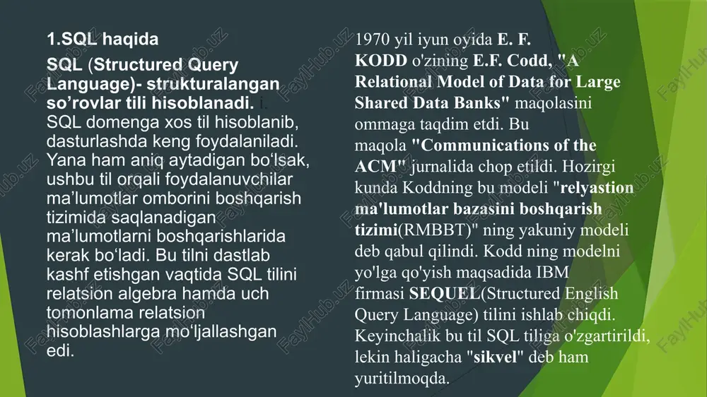 n amalga oshiriladigan operatsiyalar. sql barcha turdagi dasturlarda eng ko'p ishlatiladigan mashhur so'rovlar tili hisoblanadi. ma'lumot tahlilchilari va dasturchilar sql-ni o'rganadilar va undan foydalanishadi, chunki u turli dasturlash tillari bilan yaxshi mos keladi. select – ma’lumot bazasidan ma’lumot olish update – ma’lumot bazasidagi ma’lumotni yangilash, tahrirlash delete - ma’lumot bazasidagi ma’lumotni o’chirish insert into – ma’lumotlar bazasiga ma’lumot qo’shish create database – ma’lumotlar bazasi yaratish alter database - ma’lumot bazasini o’zgartirish create table – jadval qo’shish alter table – jadvalni o’zgartirish drop table – jadvalni o’chirish create index – indeks yaratish drop index – indeksni o’chirish foydalanilgan adabiyotlar „sql“. britannica.com. 2013-yil 2-aprel „sql“. oxforddictionaries.com. 2016-yil 3-avgustda asl nusxadan arxivlangan. 2017-yil 16-yanvar „structured query language (sql)“. msdn.microsoft.com. qaraldi: 2017-yil 16-yanvar. havolalar 1995 sql reunion: people, projects, and politics, by paul mcjones (ed.) kabilarning o’zbekcha dasturlaridan tarjima qilindi. image1.jpeg image2.png image3.jpeg image4.png image5.png image6.png image7.png image8.png /docprops/thumbnail.jpeg