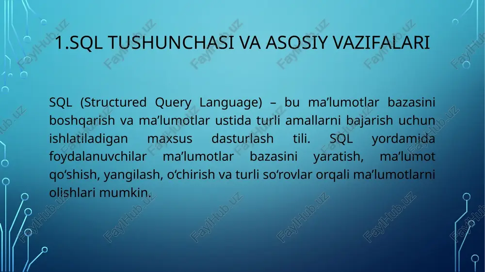 sohalarda qarorlar qabul qilishda katta ahamiyatga ega. sql ning mustahkam va kengaytirish mumkin bo‘lgan tizimi uni barcha turdagi dasturlar va ma’lumotlar bazasi boshqaruv tizimlari uchun ideal tanlovga aylantiradi. xulosa qilib aytganda, sql ma’lumotlar bazasi bilan ishlash uchun eng samarali va ishonchli vosita bo‘lib, u istalgan hajmdagi ma’lumotlarni tezkor va xavfsiz boshqarishga yordam beradi. image2.png image3.jpeg image4.jpeg /docprops/thumbnail.jpeg