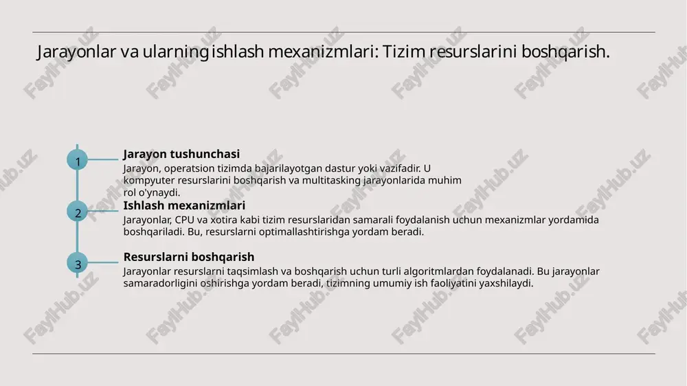 ion tizimlarda muhim jarayon bo'lib, u kompyuterning barcha resurslarini samarali boshqarish va taqsimlashni ta'minlaydi. 02 taqsimlash tamoyillari taqsimlash jarayoni bir nechta tamoyillarga asoslanadi, jumladan, tenglik, samaradorlik va adolat tamoyillari, bu esa resurslarni optimallashtirishga yordam beradi. 03 resurslar va jarayonlar jarayonlar va resurslar o'rtasidagi o'zaro ta'sir jarayoni, tizimning umumiy ishlashini belgilab beradi, bu esa multitasking va samaradorlikka ta'sir qiladi. multitasking va uning operatsion tizimlar uchun ahamiyati. 01 multitasking tushunchasi multitasking, bir vaqtning o'zida bir nechta jarayonlarni amalga oshirish imkonini beruvchi operatsion tizimlarning asosiy xususiyatidir. bu, resurslardan samarali foydalanishni ta'minlaydi. 02 samaradorlik oshishi multitasking jarayonlari, operatsion tizimlar samaradorligini oshiradi, chunki foydalanuvchilar bir vaqtning o'zida bir nechta dasturlar bilan ishlash imkoniyatiga ega bo'ladi. 03 resurslar boshqaruvi multitasking, tizim resurslarini boshqarishda muhim rol o'ynaydi. bu jarayonlar o'rtasida resurslarni adolatli taqsimlashni ta'minlaydi, bu esa umumiy tizim ish faoliyatini yaxshilaydi. resurslarni samarali taqsimlash: muammolar va yechimlar. 1 resurslar taqsimoti operatsion tizimda resurslar, masalan, xotira va protsessor …