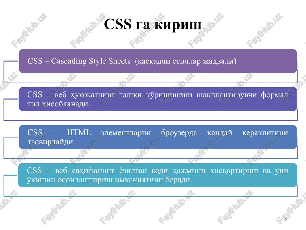 iladi: element kontentining birinchi harfi, birinchi qatoriga stil berish; html element kontentidan oldin yoki keyin boshqa kontent qo'shish. selector::pseudo-element { property:value; } 19 psevdo-elementlar selektori selektor turi misol izoh ::after p::after har bir tegidagi kontentdan keyin biror yangi kontent qo'shish ::before p::before har bir tegidagi kontentdan oldin biror yangi kontent qo'shish ::first-letter p::first-letter har bir tegidagi birinchi harfni tanlash ::first-line p::first-line har bir tegidagi birinchi qatorni tanlash ::selection p::selection foydalanuvchi tomonidan belgilangan kontent qismni tanlash 20 psevdo-elementlar selektori ::after psevdo-elementi: ::after { css qoidalar; } p::after { content: " - remember this"; background-color: yellow; color: red; font-weight: bold; } my name is farrux i live in navoiy 21 psevdo-elementlar selektori ::before psevdo-elementi: ::before { css qoidalar; } p::before { content: "read this -"; background-color: yellow; color: red; font-weight: bold; } my name is farrux i live in navoiy 22 psevdo-elementlar selektori ::first-letter psevdo-elementi: ::first-letter { css qoidalar; } p::first-letter { …