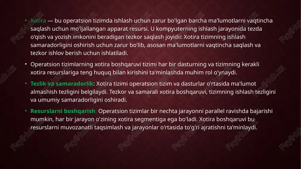 ir segmentning o'z o'lchami va manzili bo'ladi. xotira monitoringi — tizimda xotira resurslarining ishlatilish holatini kuzatib borish jarayonidir xotira ishlatish darajasini kuzatish: operatsion tizimda jismoniy va virtual xotiradan qancha foydalanilayotgani va qanchalik bo'sh joy mavjudligini kuzatish. bu ko'rsatkichlar tizimning umumiy ishlash holatini baholashda yordam beradi. xotira qismlarini (segmentlar) kuzatish: virtual xotira segmentlari, masalan, kod, ma'lumotlar va stack, bir-biridan ajralgan holda ishlaydi. ularning har biri alohida monitoring qilishni talab qiladi. xotira fragmentatsiyasi monitoring: fragmentatsiya — bu tizimda xotira bo'sh joylarining mayda bo'laklarga bo'linishi. bu holat samarali xotira taqsimlashni kamaytiradi. xotira optimizatsiyasi — bu tizimning ishlash samaradorligini oshirish va xotira resurslaridan maksimal darajada foydalanish uchun amalga oshiriladigan jarayonlardir. xotira optimizatsiyasining maqsadi — tizimning xotira resurslarini samarali taqsimlash, ortiqcha ishlatilgan xotira bloklarini boshqarish va tizimni tezroq ishlashini ta'minlashdir. xotira boshqaruv algoritmlarini tanlash va takomillashtirish: xotira boshqaruv algoritmlari — bu operatsion tizimlar tomonidan xotira resurslarini taqsimlash va boshqarish usullaridir. samarali algoritmlar tizimning ishlashini yaxshilaydi. …