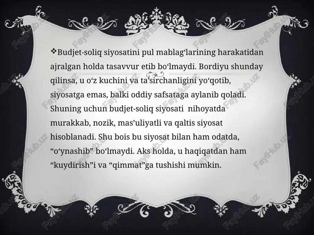 a tizimining asosini tashkil etadi. mavjud moliyaviy resurslardan oqilona foydalanish to‘g‘ri yo‘naltirish samaradorligini oshirish va ijtimoiy-iqtisodiy taraqqiyoti ta’minlashda soliq siyosati strategiyasi va taktikasi munosabatlarining qanday sozga tayanayotganligi juda muhimdir. soliq siyosati strategiyasi va taktikasining yaxlitligiga erishish mamlakatda makroiqtisodiy bargarorlilari ta’minlashga, samarali budjet siyosatini yuritishga, aholi turmush darajasini yaxshilashga hizmat qiladi. soliq siyosatini takomillastrishing asosiy yo‘nalishlaridan bir koroualar zimasidagi solig yuciri kanaytirish emas, ball soliqqa tortishning maqbul tizimini shakilantirish deb hisoblaymiz image3.png image4.jpg image2.png /docprops/thumbnail.jpeg
