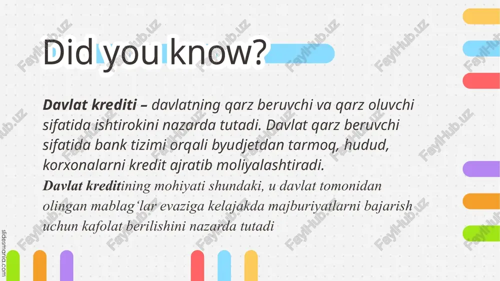 content content content content content text here your text here $15 content content content content content text here 2025-yilda davlat qarzi 45 mlrd dollarga, unga xizmat ko‘rsatish xarajatlari esa 1,4 barobar oshishi mumkin 2025-yilda o‘zbekiston davlat qarzi 39,7 milliarddan 45 milliard dollarga (+13,3 foiz), unga xizmat ko‘rsatish qiymati esa 48,1 trillion so‘m yoki 3,5 milliard dollarga (+42,8 foiz) o‘sishi prognoz qilinmoqda. 2024-yilda davlat qarzi 39,7 milliard dollar yoki yaimning 35,5 foizini tashkil qilishi kutilmoqda. kelgusi yilda bu ko‘rsatkich 13,3 foizga o‘sib, 45 milliard dollarni yoki yaimning 36,4 foizini tashkil etadi. 2027-yilga borib davlat qarzi darajasi 55,9 milliard dollarga yetishi mumkin, biroq bu ko‘rsatkichning yaimga (36,7 foiz) nisbatini hisobga olsak, o‘sish ahamiyatsiz bo‘lad thank you! thank you! image10.jpeg image11.png image12.jpeg image13.png image14.emf qatʼiy belgilangan foiz stavkada 9 282 52% 11 764 50% 13 306 51% 13 815 47% 15 801 45% 17 938 45% oʻzgaruvchan foiz stavkada 6 379 36% 9 …
