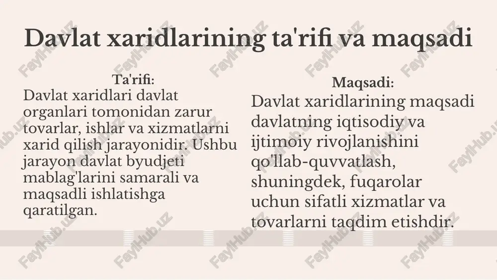 a adolatli ishlatishiga yordam beradi. takliflar jarayonlarni takomillashtirish va qonunchilikni yaxshilash orqali davlat xaridlarining samaradorligini oshirish mumkin. misol uchun, raqobatni kuchaytirish uchun ochiq tanlovlar o‘tkazish yoki elektron xarid tizimlarini joriy etish mumkin. foydali resurslar foydali resurslar sifatida, davlat xaridlarini tartibga soluvchi qonunchilik, xalqaro standartlar va muvaffaqiyatli tajribalar haqida ma'lumotlar mavjud. xulosa bundan tashqari, davlat xaridlari bo'yicha o'qitish va trening dasturlari orqali mutaxassislarni tayyorlash muhimdir. xaridlarni rejalashtirish jarayonining bosqichlari xaridlarni rejalashtirish jarayoni xaridlarni rejalashtirish jarayoni davlat xaridlarini samarali va maqsadli amalga oshirish uchun zaruriy bosqichlardan iborat. bu jarayon xaridlar strategiyasini belgilaydi va resurslarni oqilona taqsimlashga yordam beradi. buning natijasida, xaridlar jarayonida shaffoflik va samaradorlik ta'minlanadi. asosiy bosqichlar 1. aniq maqsadlar: xaridlar maqsadlarini belgilash va ularni aniq ko'rsatish. 2. resurslarni aniqlash: zaruriy materiallar va moliyaviy resurslarni aniqlash va ularni baholash. 3. xaridlar ro'yxatini tuzish: xaridlar uchun batafsil ro'yxat tayyorlash va kerakli xaridlarni ajratish. 4. monitoring: jarayonni nazorat qilish, baholash va zarur bo'lganda …