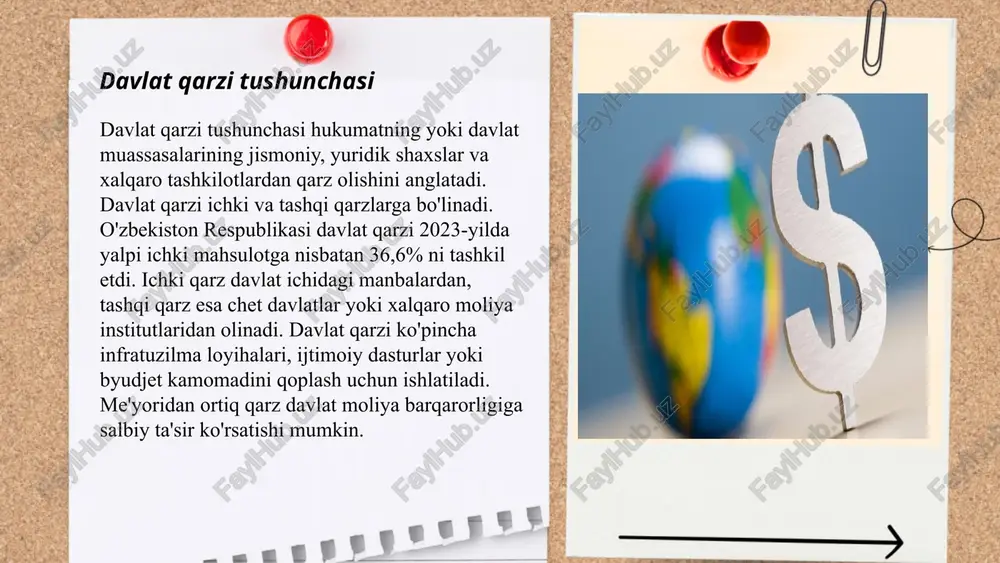 -90% oralig'ida o'zgaradi. yuqori qarz darajasi inflyatsiya, muvozanatsiz byudjet va valyuta beqarorligiga olib kelishi mumkin. xalqaro valyuta jamg'armasi (xvj) tavsiyasiga ko'ra, davlat qarzi 60% dan ortiq bo'lmasligi kerak. 2022 yilda o'zbekistonning davlat qarzi yaimning taxminan 40% ni tashkil etdi. bunday darajadagi qarz hukumatga investitsiya muhitini yaxshilash va iqtisodiy o'sishni rag'batlantirishga imkon beradi, lekin moliyaviy intizom talabi yuqori bo'ladi. ... t.me/slaydai_bot davlat qarzi boshqarish strategiyalari ko'plab davlatlarda moliyaviy barqarorlikni ta'minlash uchun muhim ahamiyatga ega. 2020-yilda o‘zbekistonning tashqi qarzi taxminan 5,5 milliard aqsh dollariga teng bo‘lib, yaimning 40,4 foizini tashkil qildi. ushbu strategiyalar qarzning tuzilishini optimallashtirish, muddatlarini uzaytirish va foiz stavkalarini kamaytirishga qaratilgan. 2021-yilda hukumat qarzdorlikni nazorat qilish uchun milliy qarzni cheklash rejasini e'lon qildi, bunda qarz miqdori yaimning 60 foizidan oshmasligi ko'zda tutilgan. yana bir muhim maqsad, 2025-yilgacha davlat qarzini barqaror darajada ushlab turish va zarurat bo'lganida qarz olish imkoniyatlarini kengaytirishdir. 9 ... t.me/slaydai_bot davlat qarziga xizmat ko'rsatish — bu davlat …