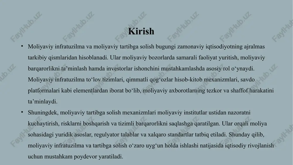 a moliyaviy xavfsizlik darajasi oshadi. moliyaviy infratuzilmaning kuchli bo‘lishi – iqtisodiyotning barqaror va izchil rivojlanishi uchun muhim omildir. aynan shu infratuzilma orqali iqtisodiy islohotlar amaliyotga joriy qilinadi va xorijiy investorlar uchun qulay muhit yaratiladi. moliyaviy infratuzilma va tartibga solishning iqtisodiyotdagi o‘rni moliyaviy infratuzilma va tartibga solish iqtisodiyotning quyidagi jihatlariga bevosita ta’sir ko‘rsatadi: • investitsion muhitni yaxshilash: ishonchli moliyaviy infratuzilma va samarali tartibga solish investorlar uchun qulay sharoit yaratadi. • xavflarni boshqarish: moliyaviy tartibga solish orqali tizimli xavflar aniqlanadi va kamaytiriladi. • iqtisodiy o‘sishni rag‘batlantirish: samarali moliyaviy tizim kapitalning samarali taqsimlanishini ta’minlab, iqtisodiy o‘sishga hissa qo‘shadi. moliyaviy infratuzilma elementlari tasnifi va ularni shakllantiruvchi omillar moliyaviy infratuzilmaning tarkibiy qismlari funksional va institutsional jihatdan turli guruhlarga bo‘linadi. ularning tasnifi orqali moliyaviy tizim qanday ishlashini chuqurroq anglash mumkin. moliyaviy infratuzilma elementlari tasnifi: 1. moliyaviy institutlar – banklar, sug‘urta kompaniyalari, investitsiya fondlari, pensiya jamg‘armalari. 2. bozor infratuzilmasi – fond birjalari, to‘lov tizimlari, kliring va hisob-kitob …