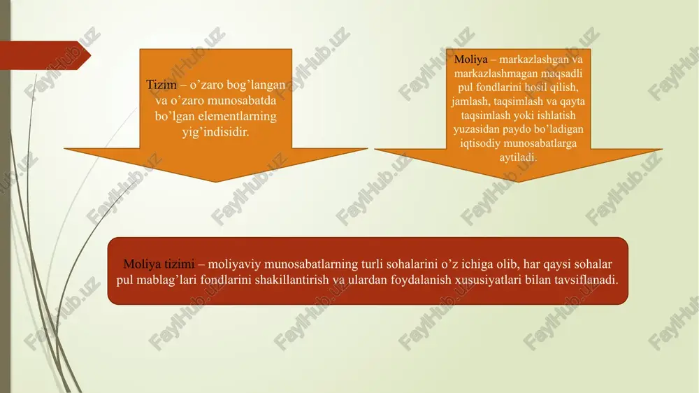 kllantiriladi va ishlatiladi. davlat budjeti mamlakatning asosiy moliya rejasi hisoblanadi va oliy majlis tomonidan qonun olida tasdiqlanadi. davlat budjeti orqali davlat xalq xo’jaligi taraqqiyotini, jtimoiy - madaniy tadbirlarni, mudofani,davlat xokimiyati va boshqaruv organlarini saqlash moliyalashtiriladi. resurslarning moliyaviy resurslari ortiqcha bo'lgan iqtisodiy sub’ektlardan moliyaviy resurslari defitsit bo'lgan iqtisodiy sub’ektlarga oqib o’tishiga moliyaviy oqim deyiladi. moliyaviy oqimlarsiz moliyaviy tizimni tasavvur etib bo'lmaydi. ularsiz moliyaviy tizim bo'shligicha qolaveradi. moliyaviy oqimlar polmasa, moliyaviy tizimga ham hojat yo'q. bunday vaziyatda u "bir tiyinga gimmat" narsaga aylanib qoladi. moliyaviy oqimlar moliyaviy tizimning asosiy ishtirokchilari o'rtasidagi o’zaro oqimlar ko'rsatilgan. ular moliyaviy oqimlar harakatini, eng umumiy tarzda, aks ettiradi. unga ko’ra moliyaviy mablag’lar moliyaviy tizim tuzilmalarining turli elementlari orqali moliyaviy mablag’lari ortiq bo'lgan kompaniyalardan mablag’ defitsiti kuzatilayotgan kompaniyalarga oqib o'tadi. masalan, a’zolari o'z joriy o'ng daromadlarining bir qismini undan kelajakda pensiya ta'minoti sifatida foydalanish maqsadida to'plagan bir oila erkin moliyaviy mablag’larga egalik qiladi. yangi uy sotib olmoqchi bo'lgan …