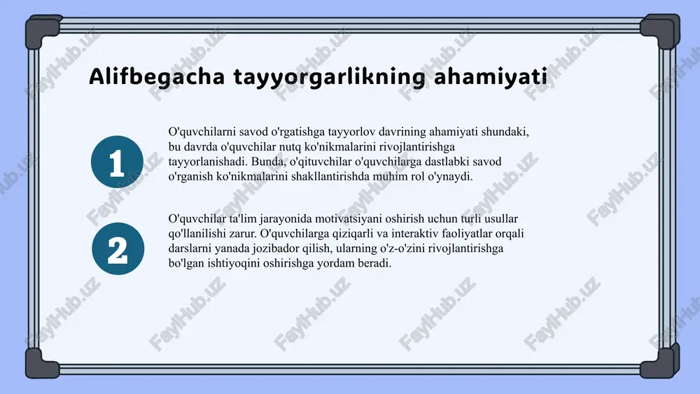 bolalarning o'z-o'zini anglashlariga, ijtimoiy ko'nikmalarini oshirishlariga va o'qishga bo'lgan qiziqishlarini kuchaytirishga yordam beradi. savod o'rgatish jarayonida metodlar savod o'rgatish jarayonida asosiy metodlar quyidagilar: o'yin, hikoya, va takrorlash. ushbu metodlar o'quvchilarga ma'lumotni osonroq qabul qilishda yordam beradi. metodlarning ta'siri o'quvchilarning bilim olish jarayonini sezilarli darajada yaxshilaydi. o'quvchilar o'z qobiliyatlarini yaxshiroq anglaydilar va o'zaro muloqot qilish imkoniyatiga ega bo'lishadi. o'quvchilarni qiziqtirish va faol ishtirokini ta'minlash uchun interaktiv metodlar muhimdir. ular darslarda jalb qilish va o'z fikrlarini ifoda etishga yordam beradi. photo by markus spiske on unsplash 1 2 3 xulosa alifbegacha tayyorgarlik davri o'quvchilarning savod o'rganishida muhimdir. savod o'rgatish usullari o'quvchilarning nutq rivojlanishiga ijobiy ta'sir qiladi. nutq o'stirish jarayonida psixologik jihatlar muhim ahamiyatga ega. o'qituvchilar o'quvchilarni qiziqtirish va faol ishtirokini oshirish uchun amaliy misollar yordamida ishlashlari zarur. savod o'rgatish jarayonida metodlar o'quvchilarning muvaffaqiyati uchun muhimdir. foydalanilgan adabiyotlar 1. jalilov a. alifbegacha tayyorgarlikning ahamiyati. ta'lim va innovatsiya, 2021 2. tursunov n. savod o'rgatish …