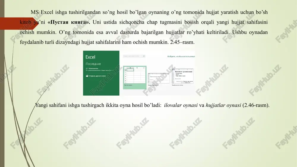 osiy menyuning format bo’limidagi yacheyki buyrug’ining muloqat darchasidagi granitsi (chegara) jildidagi uskunalar yordamida bajariladi. bu ikku usul bitta maqsad uchun xizmat qilsada, ularning bu amalni bajarish yo’li bir biridan bir oz farq qiladi (2.50-rasm). uchinchi bo’lim otdelnie (alohida) deb ataladi va u erdagi tugmalar yordamida katakchalar diapazonidagi katakchalarning chegaralarini har bir tomon bo’yicha o’rnatish mumkin. bu erda yana ikkita qo’shimcha tugma bo’lib, ular orqali katakcha diagonallarini ham chizish mumkin. quyidagi rasmda b1:e5 diapazon uchun yuqori rasmda ko’rsatilgan chegara chiziqlaridan foydalanish natijasi ko’rsatilgan (2.51-rasm). 2. ms excel dasturida jadvallar bilan ishlash katakchalarni ajratish. katakchalarni ajratish ko’p bajariladigan amal va bu amalni bajarishning bir qator usullari mavjud. jadvaldagi barcha katakchalarni ajratib olish uchun ctrl+a (all – barchasi so’zidan olingan) qo’shtugmadan foydalaniladi. videlit vse (barchasini ajratish) buyrug’i asosiy menyuga kiritilmagan. uning o’rniga sichqoncha yordamida 1-satr raqamidan teparoqdagi bo’sh joyni chertsak, barcha katakchalar ajratiladi. agar birorta satrning barcha katakchalarini ajratib olish kerak bo’lsa, shu …