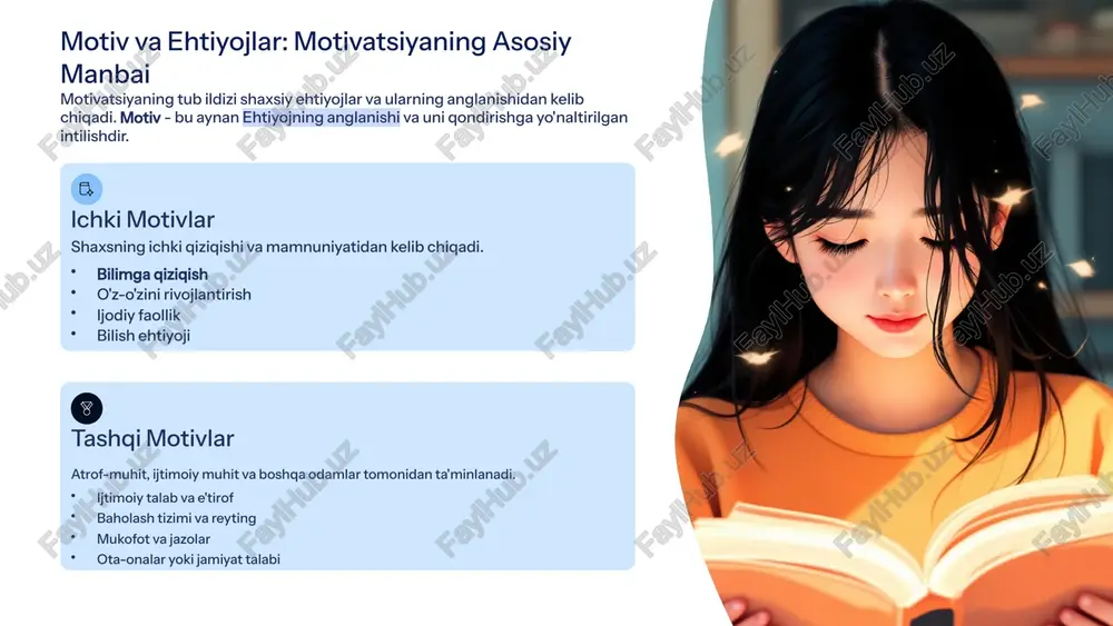 ikni talab qiladigan vazifalar berish. guruhli loyihalar jamoada ishlash, hamkorlikni rivojlantirish va ijtimoiy motivlarni ishga solish. interaktiv metodlar munozara, keys-stadi, simulyatsiyalar kabi usullar bilan darsni jonlantirish. amaliy mashg'ulotlar nazariy bilimlarni amaliy ko'nikmalarga aylantirish va ularning ahamiyatini ko'rsatish. mustaqil izlanish talabalarga mavzuni chuqur o'rganish va shaxsiy mas'uliyatni oshirish uchun topshiriqlar berish. 6 samarali rag'batlantirish tizimini jory etish rag'batlantirish talabaning harakatlarini mustahkamlaydi va ijobiy xulq-atvorni shakllantiradi. rag'batlantirish ikki asosiy shaklda bo'ladi: moddiy rag'batlantirish mukofotlar va sovg'alar: eng yaxshi ishtirokchilar uchun moddiy qiymatga ega sovg'alar. stipendiyalar: o'quv natijalari yuqori bo'lganlar uchun maxsus stipendiyalar berish. sertifikat va diplomlar: turli kurslar, tanlovlar va loyihalar uchun rasmiy e'tirof hujjatlari. ma'naviy rag'batlantirish maqtov va e'tirof: o'qituvchi va tengdoshlar tomonidan ochiqchasiga qo'llab-quvvatlash. sharafli doska: eng faol talabalarning yutuqlarini omma oldida namoyish etish. mas'uliyatli vazifalar: o'quv jarayoniga doir muhim vazifalarni ishonib topshirish. jamoa oldida taqdirlash: talabaning erishgan yutuqlarini darsliklarda yoki yig'ilishlarda alohida ta'kidlash. 7 o'qituvchining motivatsiyaviy roli va namuna …