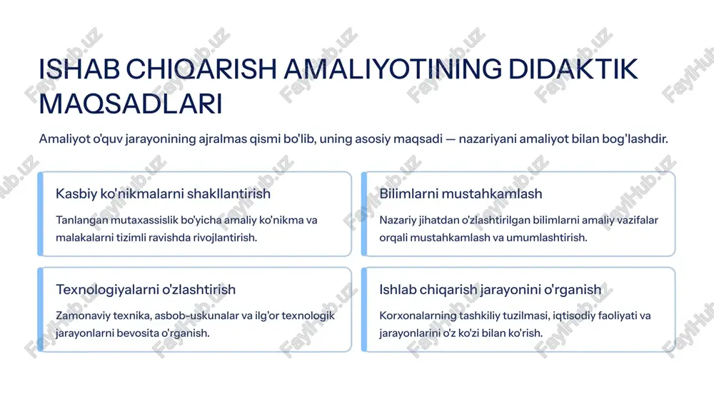 zariy va amaliy komponentlarni o'z ichiga oladi. diplom himoyasi ishlab chiqarish ta'limi lab-praktika nazariy ta'lim ushbu tuzilma malakali mutaxassisni tayyorlash uchun zarur bo'lgan barcha bilimlarni qamrab oladi. 8 malakaviy amaliyotni samarali tashkil etish kafedra va ta'lim muassasasi vazifalari shartnomalar tuzish korxonalar va amaliyot ob'ektlari bilan hamkorlik shartnomalarini rasmiylashtirish. tashkiliy tadbirlar amaliyotga chiqishdan oldin barcha tashkiliy va texnika xavfsizligi bo'yicha yo'l-yo'riqlarni o'tkazish (instruktajlar). hisobotlarni baholash talabalarning amaliyot kundalik daftarlari va yakuniy hisobotlarini qabul qilish hamda baholash. talabalarning asosiy majburiyatlari amaliyot joyidagi ichki tartib-qoidalarga qat'iy rioya qilish. berilgan texnikalardan ehtiyotkorlik bilan va samarali foydalanish. amaliyot davomida kundalik daftarni muntazam yuritish. amaliyot natijalari bo'yicha sifatli yakuniy hisobot tayyorlash. 9 kasb ta'limi o'qituvchisiga qo'yiladigan malaka talablari kasbiy ta'lim samaradorligi bevosita o'qituvchi malakasiga bog'liq. ular bir nechta asosiy kompetentlik sohalarini qamrab olishi kerak: mutaxassislik malakasi o'qitilayotgan kasb bo'yicha chuqur amaliy ko'nikma va ishlab chiqarish tajribasi. pedagogik malaka zamonaviy ta'lim-tarbiya usullari, didaktika va o'qitish texnologiyalarini bilish. …